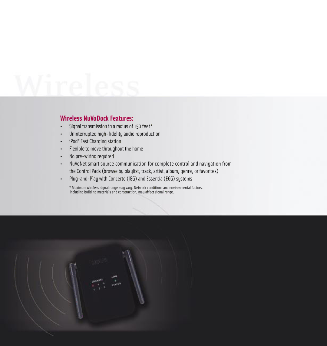 Nuvo manual Wireless NuVoDock Features, Plug-and-Play with Concerto I8G and Essentia E6G systems 