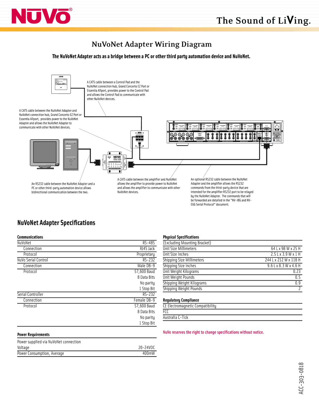 Nuvo NuVoNet Adapter Speciﬁcations, Communications, Power Requirements, Physical Specifications, Regulatory Compliance 