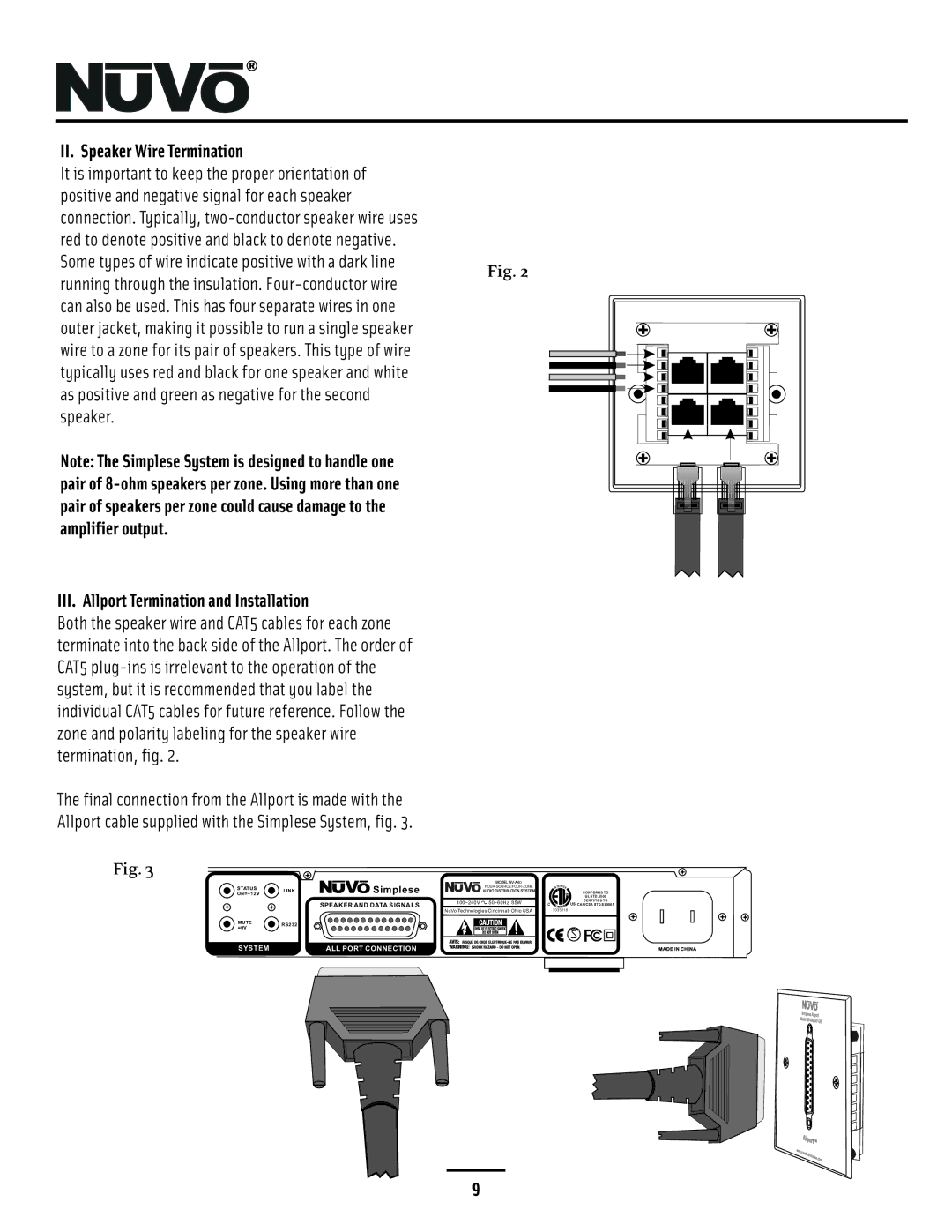 Nuvo NV-A4DS-UK installation manual II. Speaker Wire Termination, III. Allport Termination and Installation 