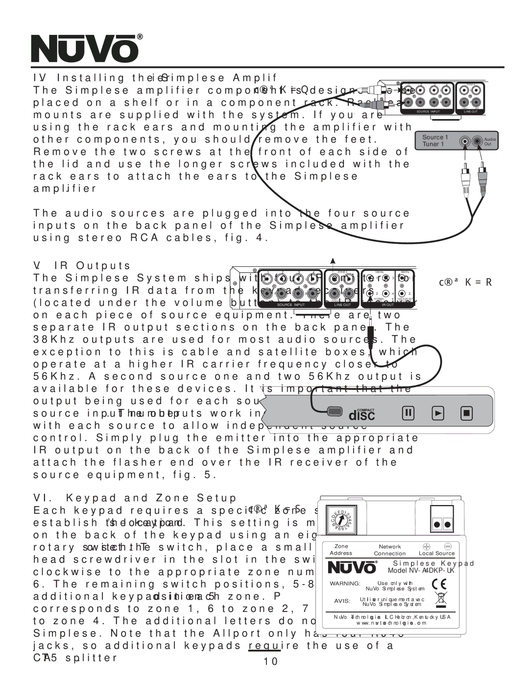 Nuvo NV-A4DS-UK installation manual IV. Installing the Simplese Amplifier, IR Outputs, VI. Keypad and Zone Setup 