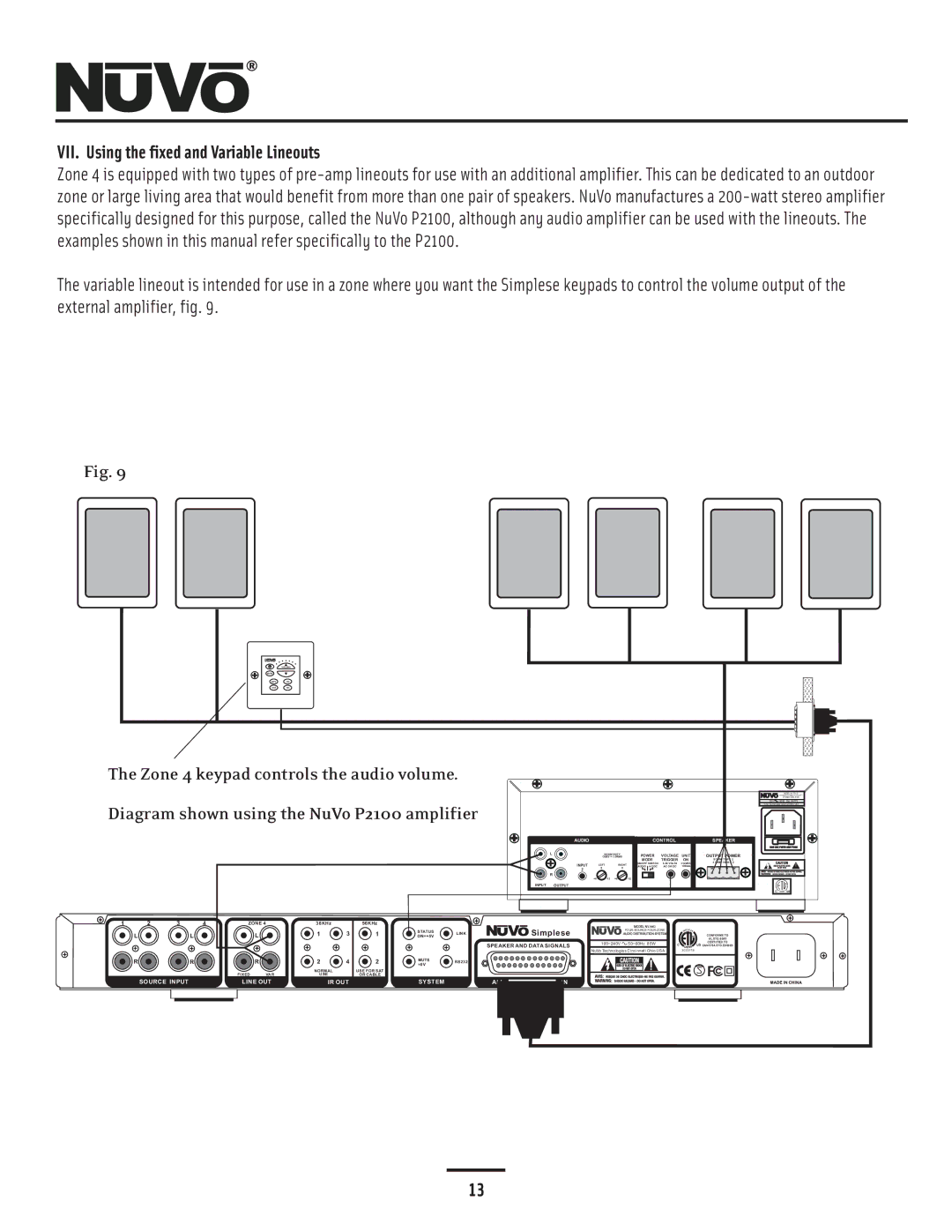 Nuvo NV-A4DS-UK installation manual VII. Using the fixed and Variable Lineouts, Zone 4 keypad controls the audio volume 