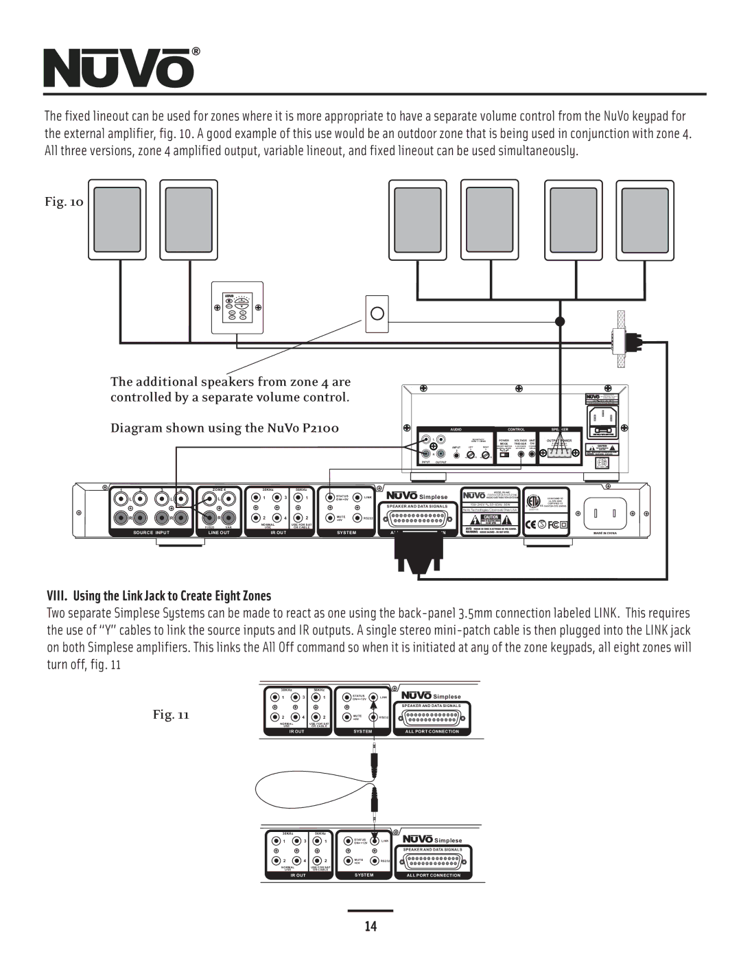 Nuvo NV-A4DS-UK installation manual Diagram shown using the NuVo P2100, VIII. Using the Link Jack to Create Eight Zones 