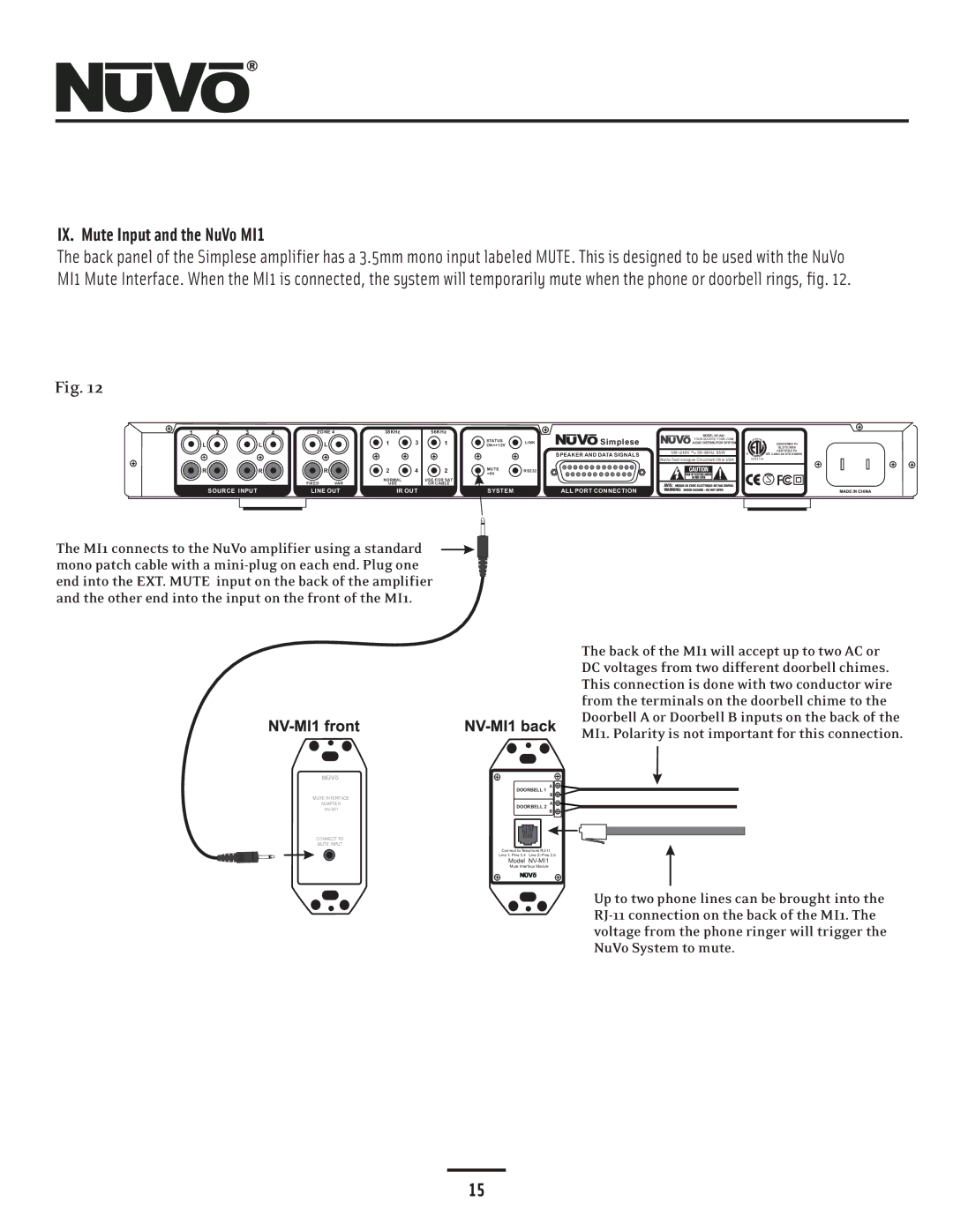 Nuvo NV-A4DS-UK installation manual IX. Mute Input and the NuVo MI1 