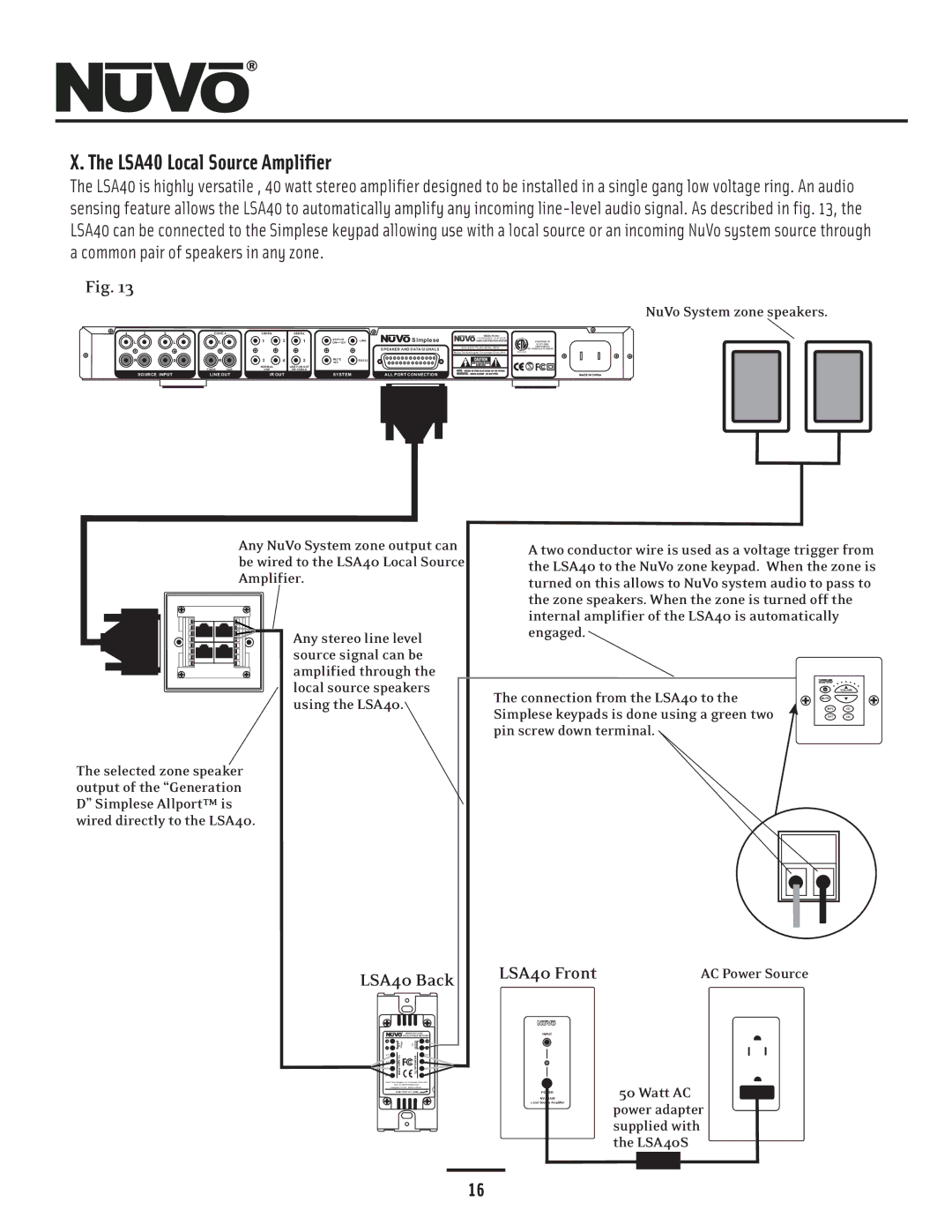 Nuvo NV-A4DS-UK installation manual LSA40 Local Source Amplifier, LSA40 Back LSA40 Front 