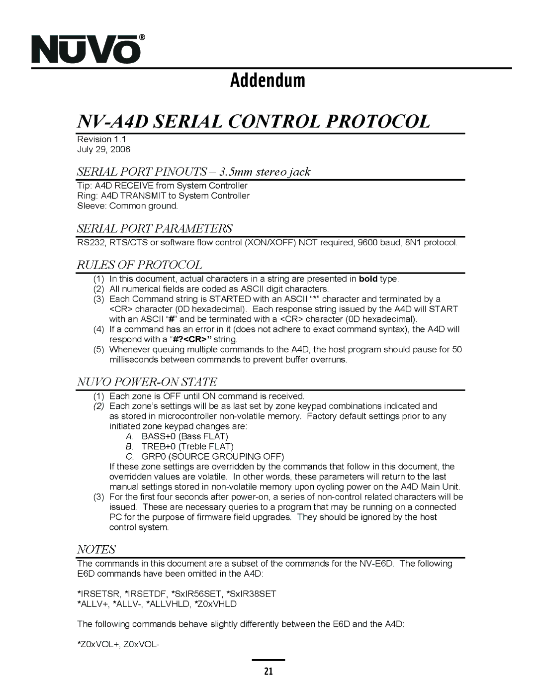 Nuvo NV-A4DS-UK installation manual Addendum 