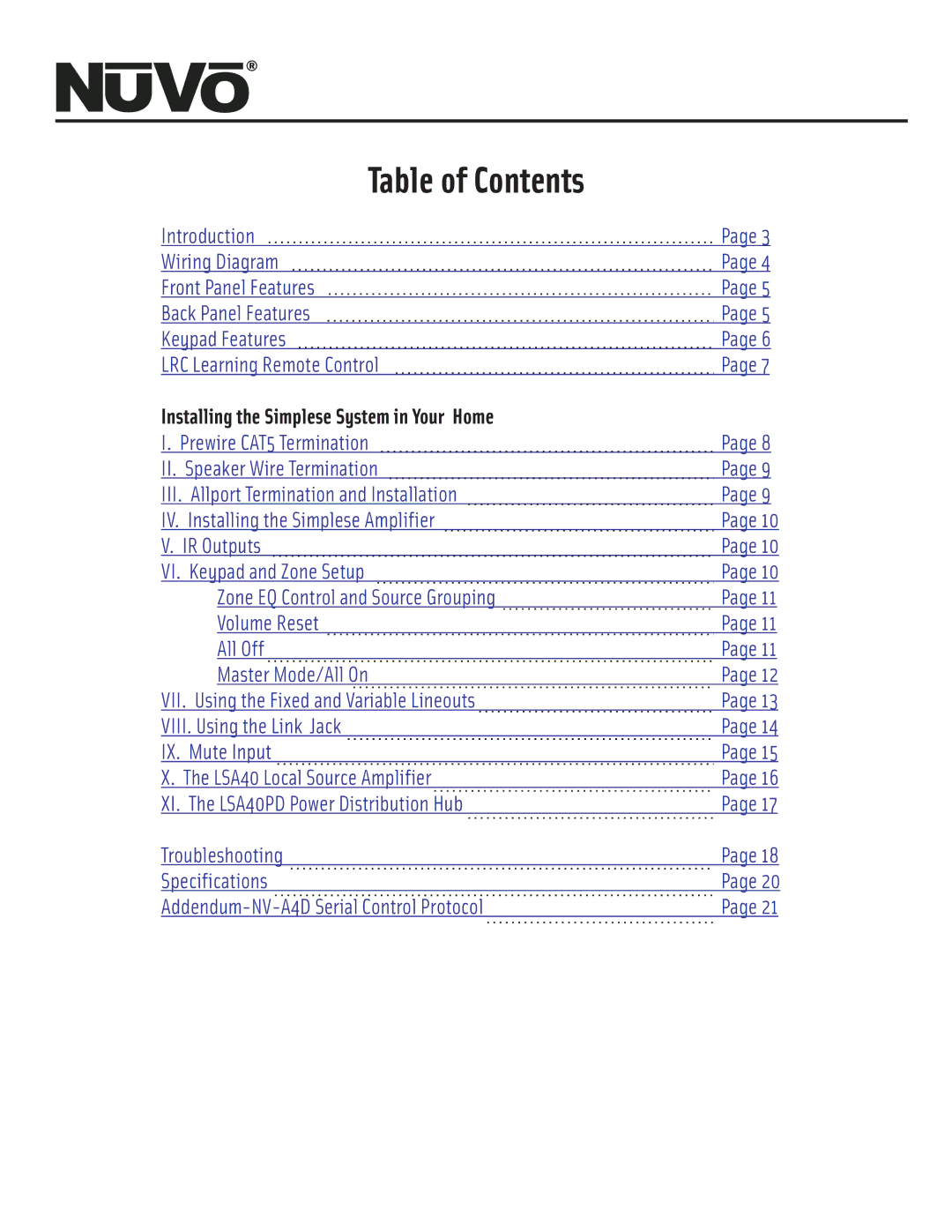 Nuvo NV-A4DS-UK installation manual Table of Contents 