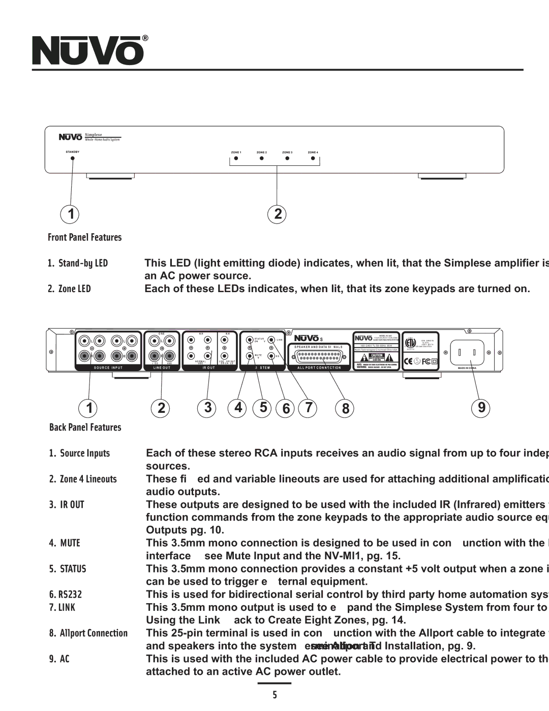 Nuvo NV-A4DS-UK installation manual Stand-by LED, Source Inputs, Sources, RS232, Attached to an active AC power outlet 