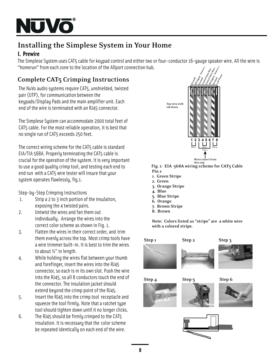 Nuvo NV-A4DS-UK Installing the Simplese System in Your Home, Complete CAT5 Crimping Instructions, I. Prewire 