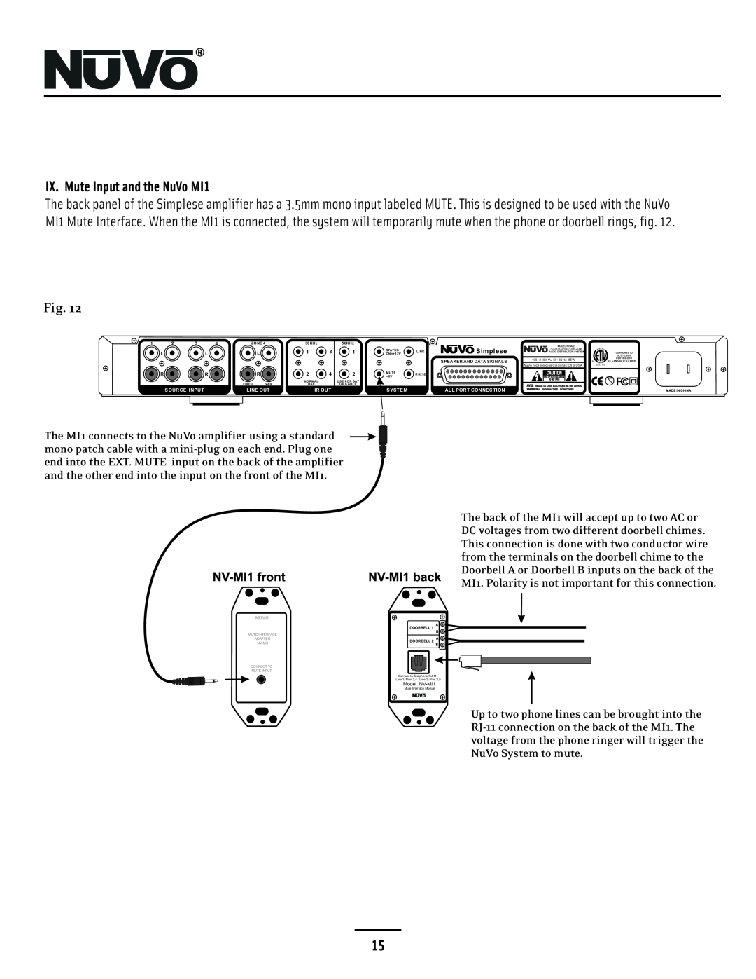 Nuvo NV-A4DS-UK installation manual IX. Mute Input and the NuVo MI1, Model NV-MI1 
