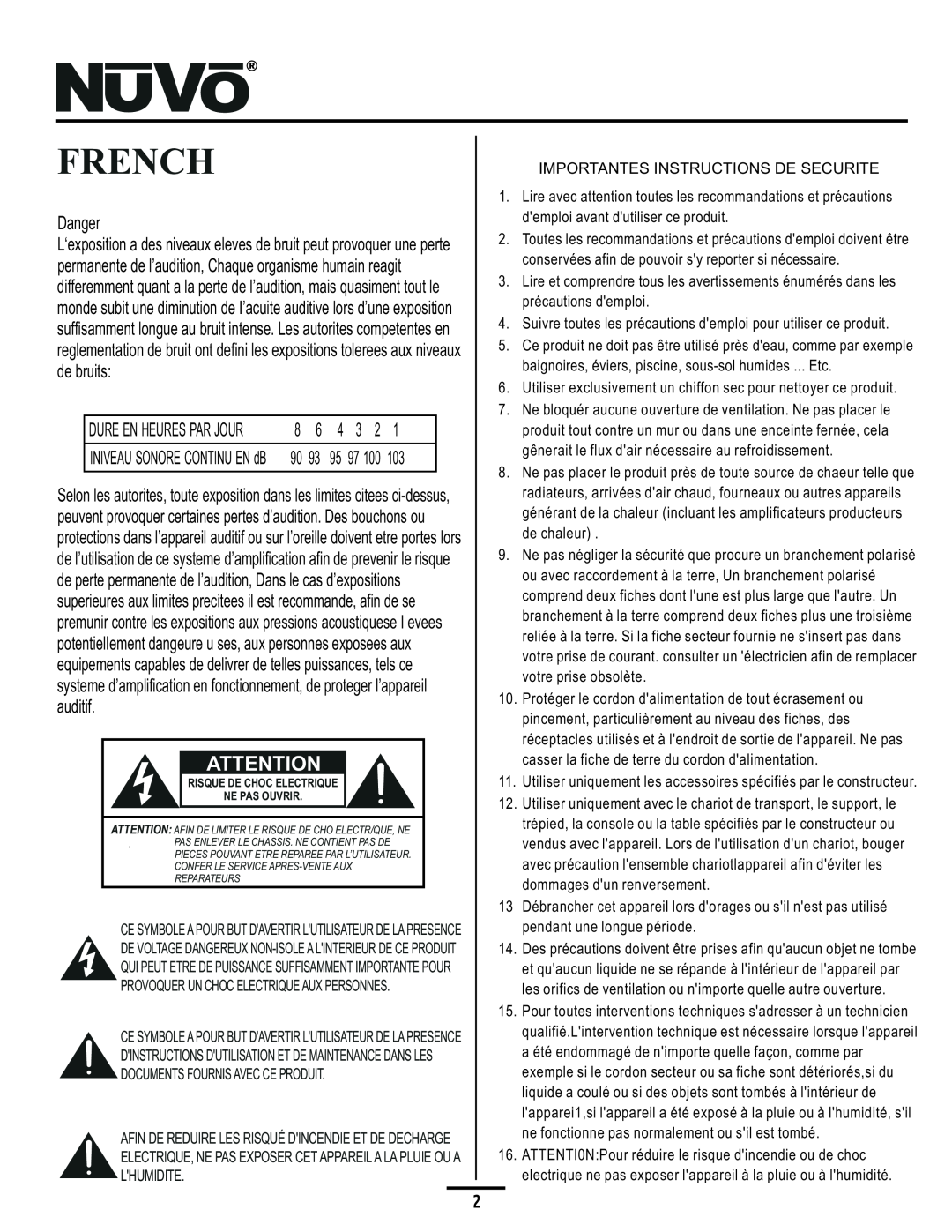 Nuvo NV-A4DS-UK installation manual French, Danger 
