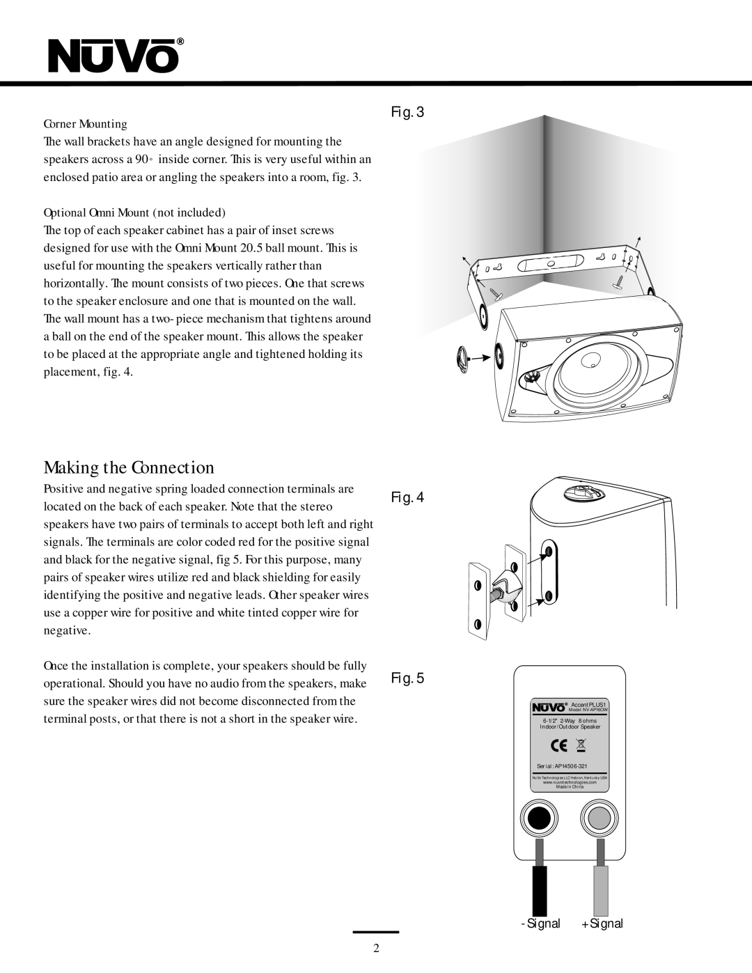 Nuvo NV-AP16OW manual Making the Connection, Corner Mounting, Optional Omni Mount not included 