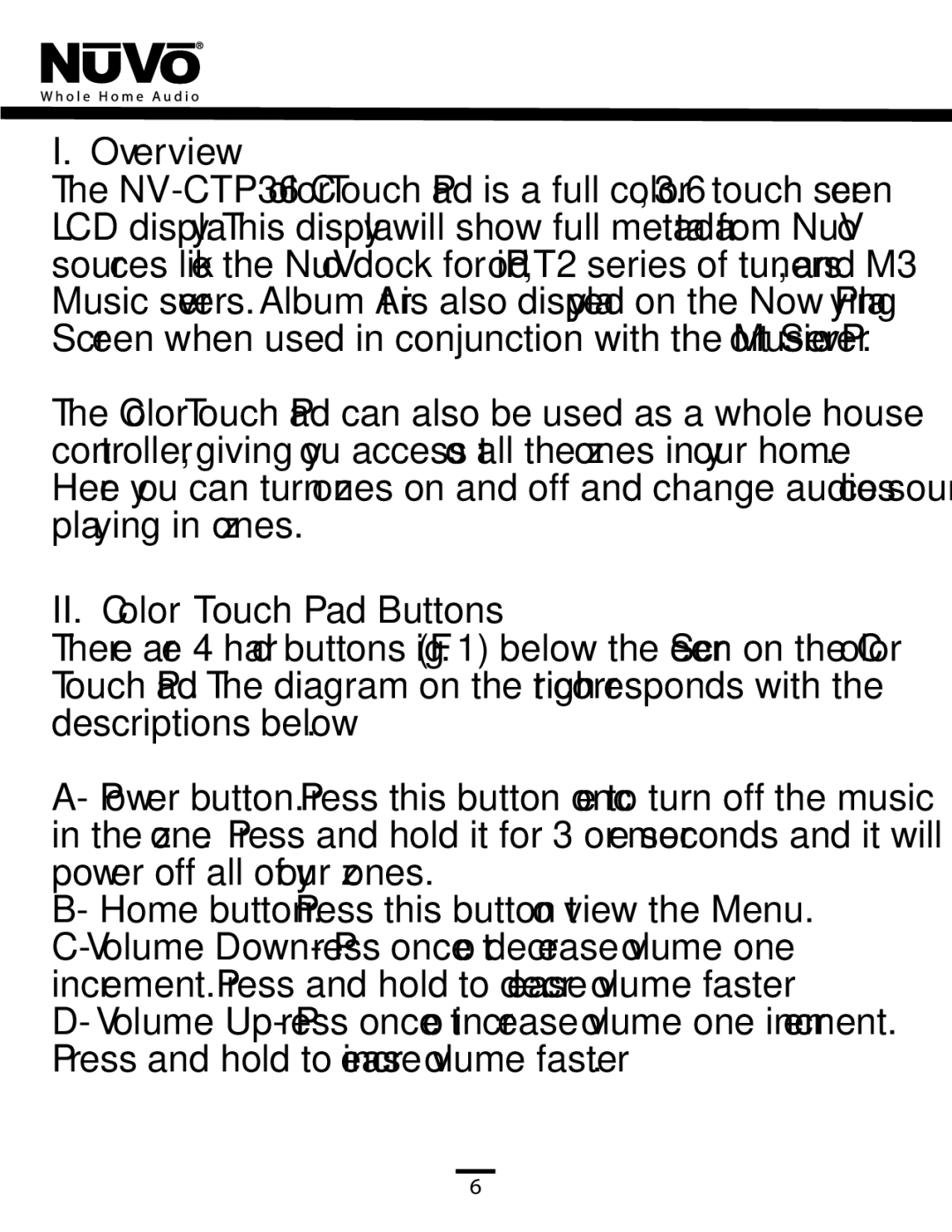 Nuvo NV-CTP36 manual Overview, II. Color Touch Pad Buttons 