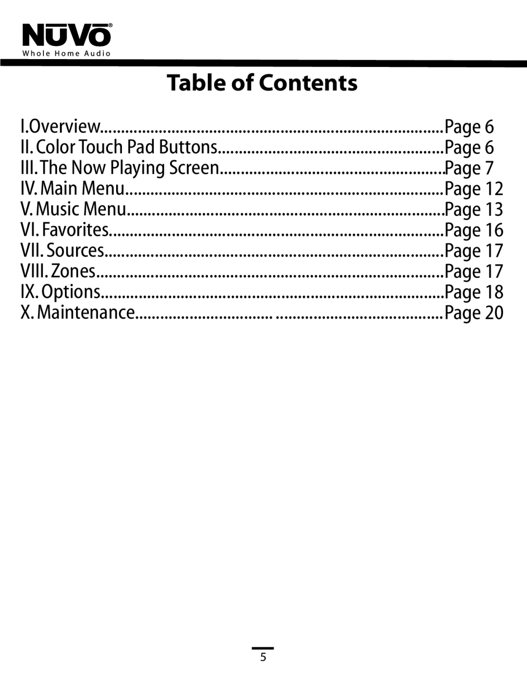 Nuvo NV-CTP36 manual Table of Contents, Page 