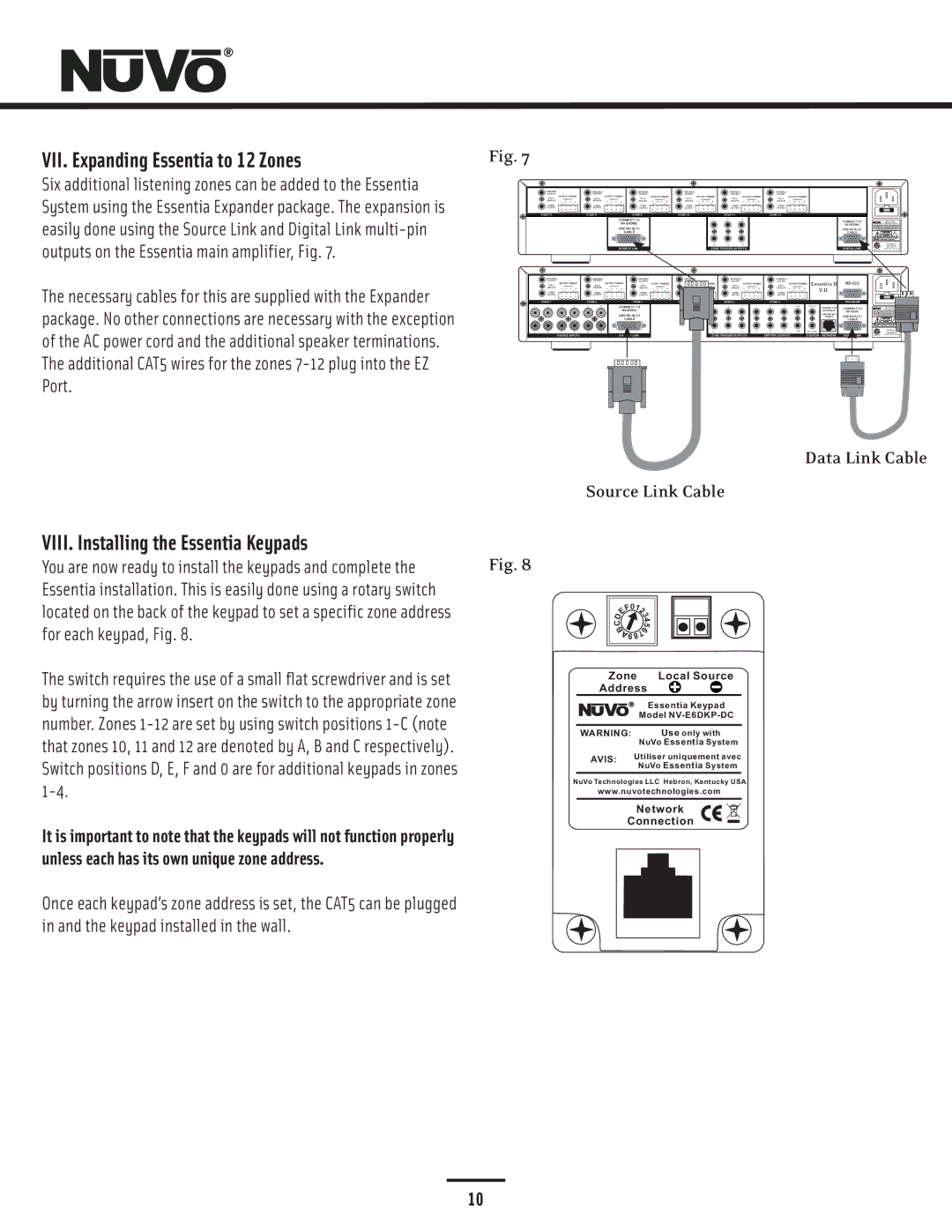 Nuvo NV-E6DXS-DC, NV-E6DMS-DC manual VII. Expanding Essentia to 12 Zones, VIII. Installing the Essentia Keypads 