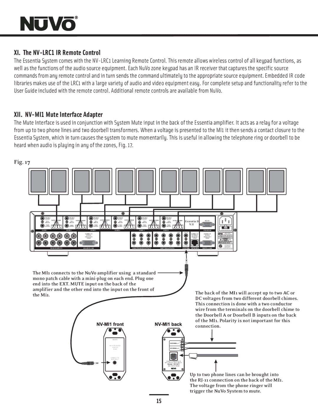 Nuvo NV-E6DMS-DC, NV-E6DXS-DC manual XI. The NV-LRC1 IR Remote Control, XII. NV-MI1 Mute Interface Adapter 