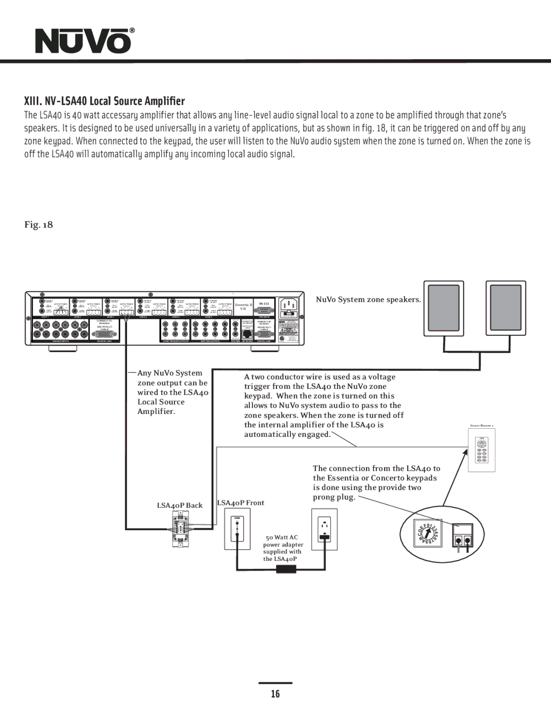 Nuvo NV-E6DXS-DC, NV-E6DMS-DC manual XIII. NV-LSA40 Local Source Amplifier, NuVo System zone speakers 