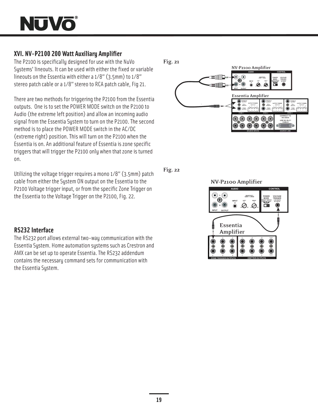 Nuvo NV-E6DMS-DC manual XVI. NV-P2100 200 Watt Auxiliary Amplifier, RS232 Interface, NV-P2100 Amplifier, Essentia Amplifier 