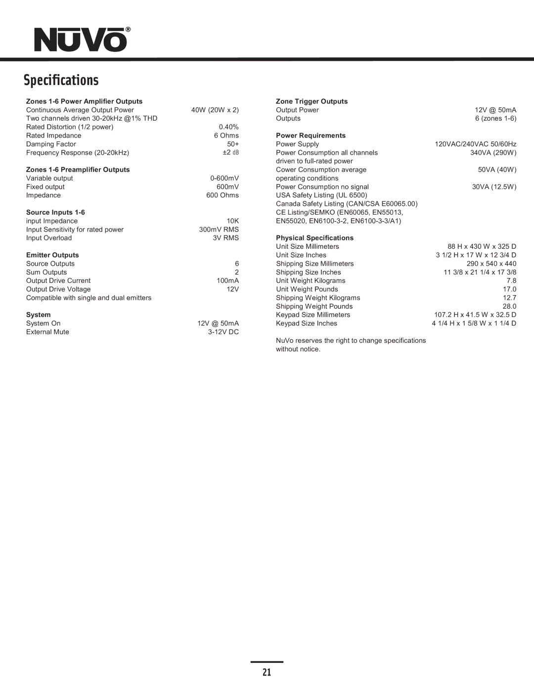 Nuvo NV-E6DMS-DC, NV-E6DXS-DC manual Specifications, Zones 1-6 Power Amplifier Outputs Zone Trigger Outputs 