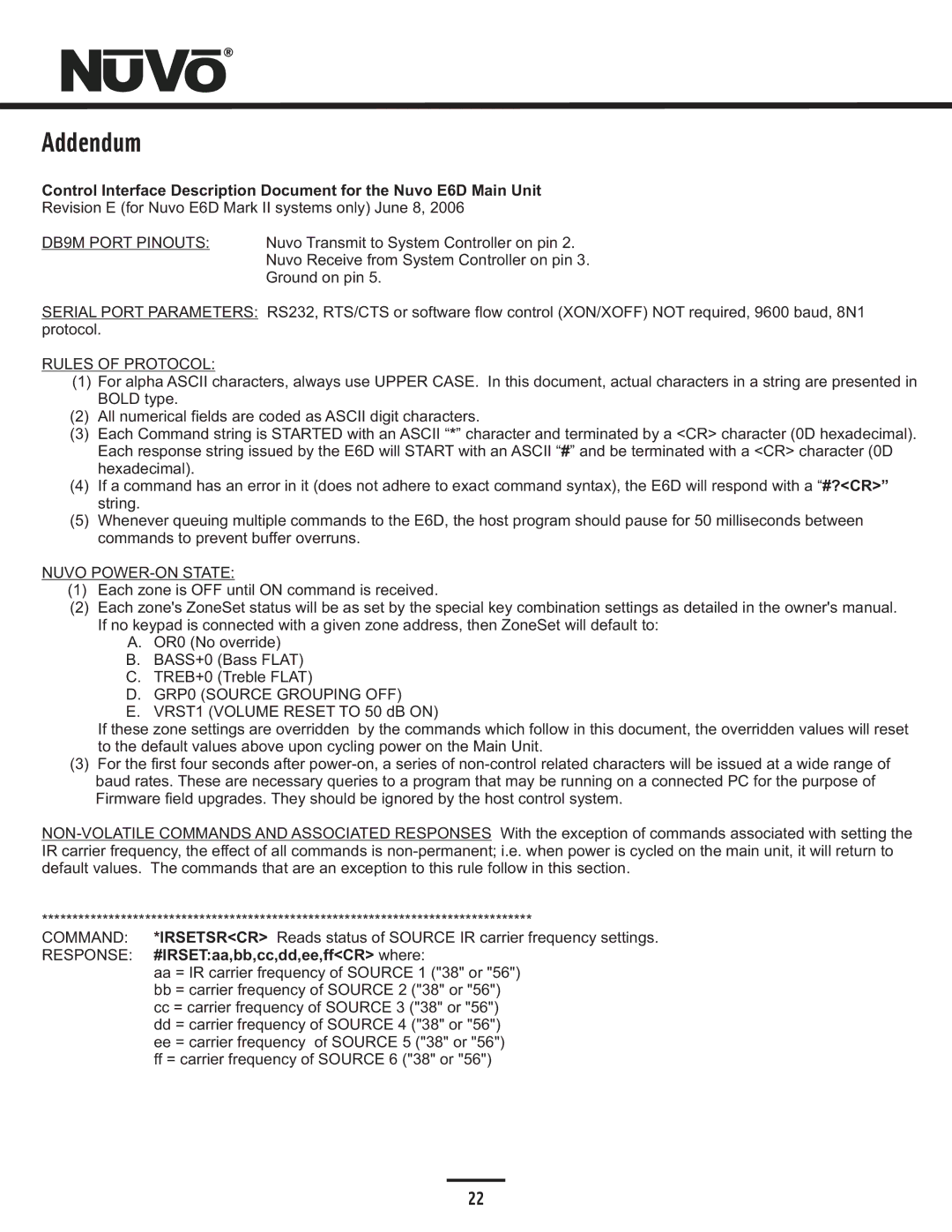 Nuvo NV-E6DXS-DC manual Addendum, DB9M Port Pinouts, Rules of Protocol, Nuvo POWER-ON State, GRP0 Source Grouping OFF 