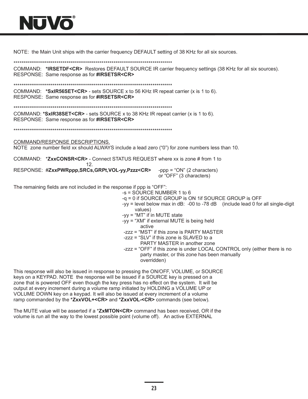 Nuvo NV-E6DMS-DC, NV-E6DXS-DC manual COMMAND/RESPONSE Descriptions 