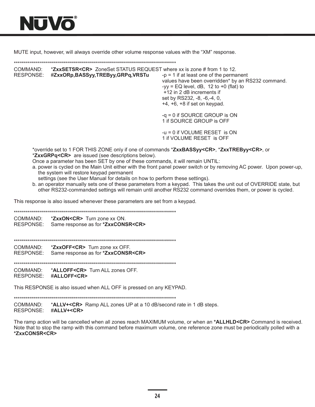 Nuvo NV-E6DXS-DC, NV-E6DMS-DC manual Command, Response #ALLOFFCR, Response #ALLV+CR 