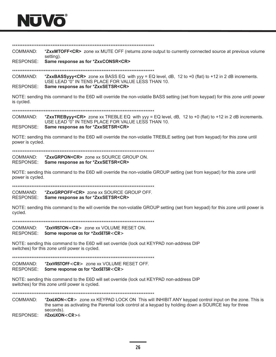 Nuvo NV-E6DXS-DC, NV-E6DMS-DC manual Response Same response as for *ZxxSETSRCR 