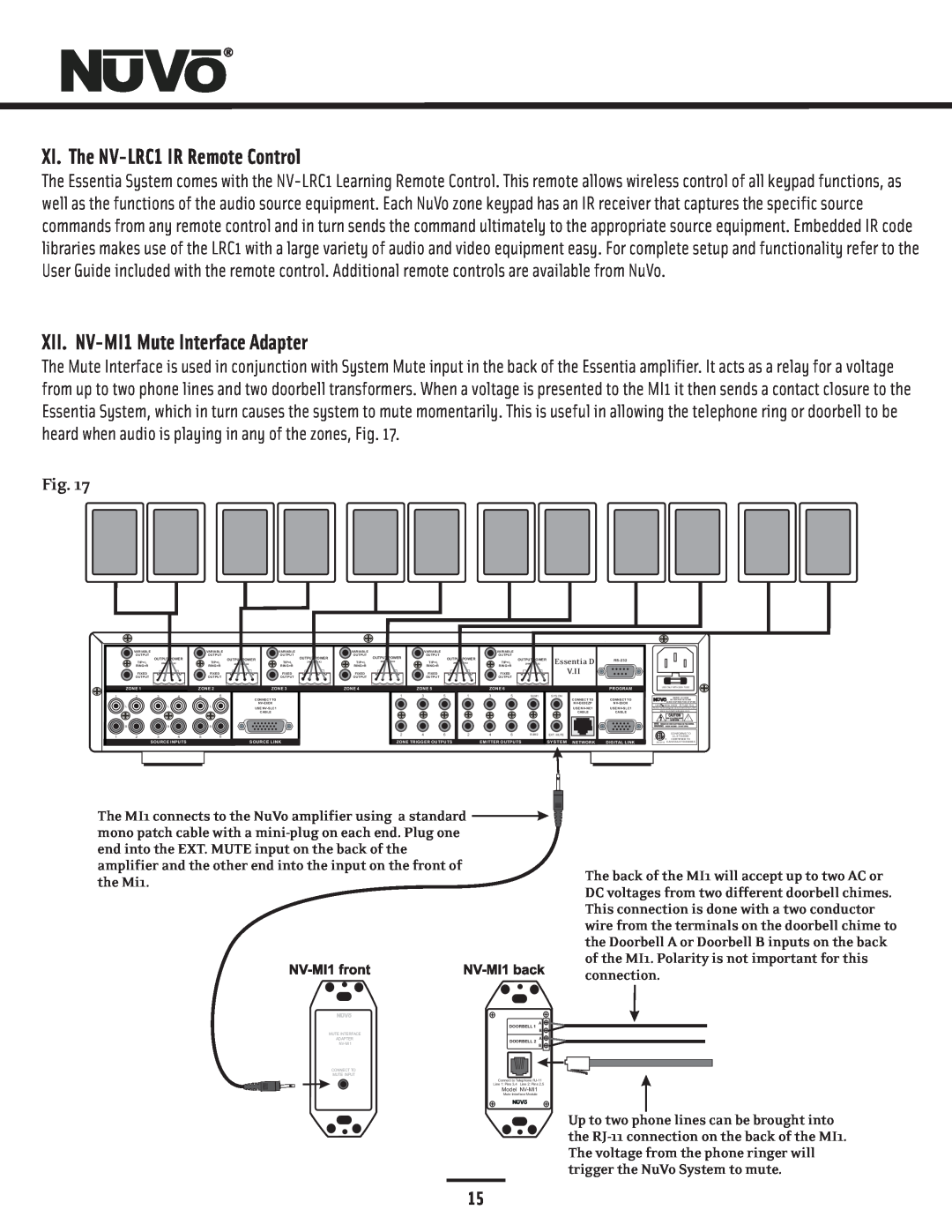 Nuvo NV-E6DMS-DC, NV-E6DXS-DC manual XI. The NV-LRC1IR Remote Control, XII. NV-MI1Mute Interface Adapter 