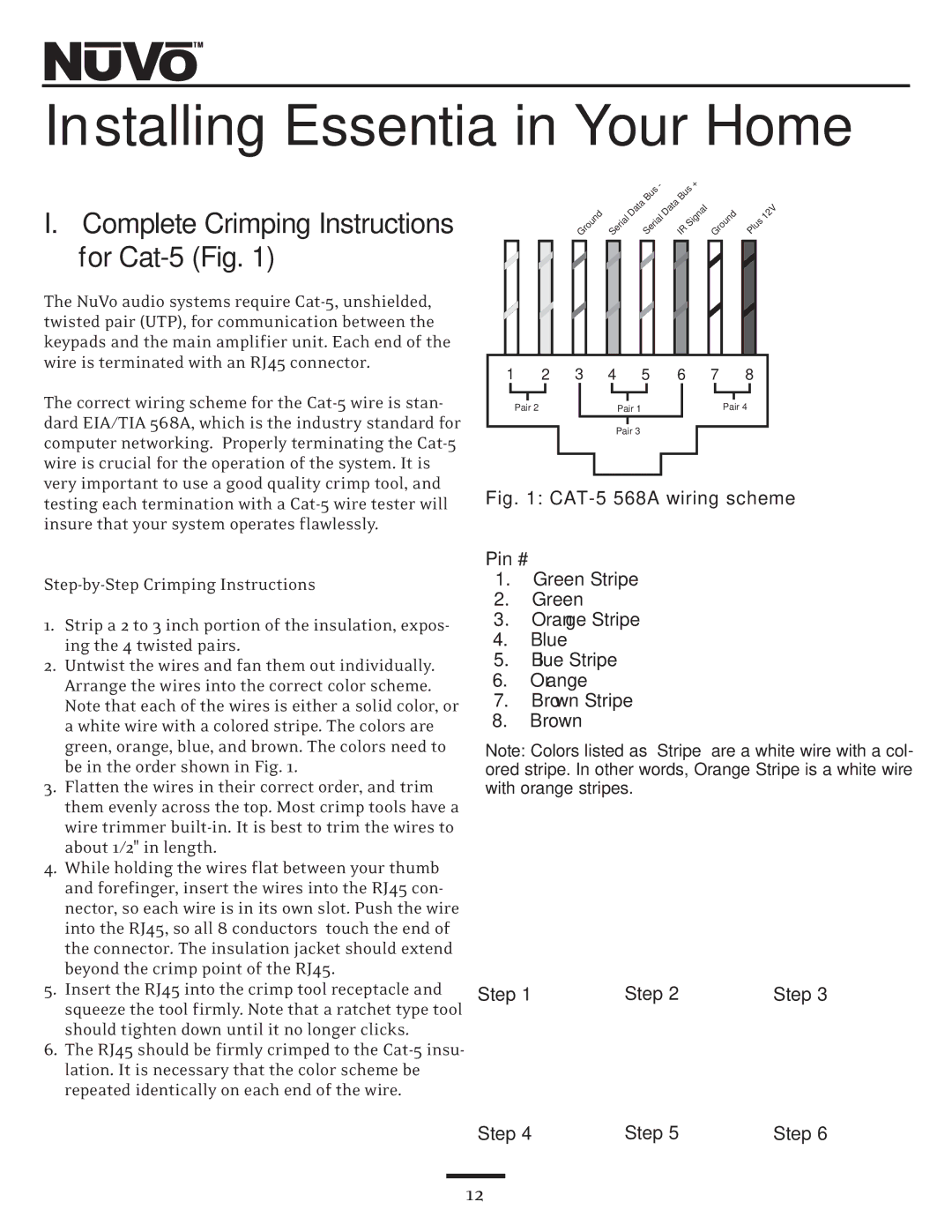 Nuvo NV-E6DXS, NV-E6DMS owner manual Installing Essentia in Your Home, Complete Crimping Instructions for Cat-5 Fig 