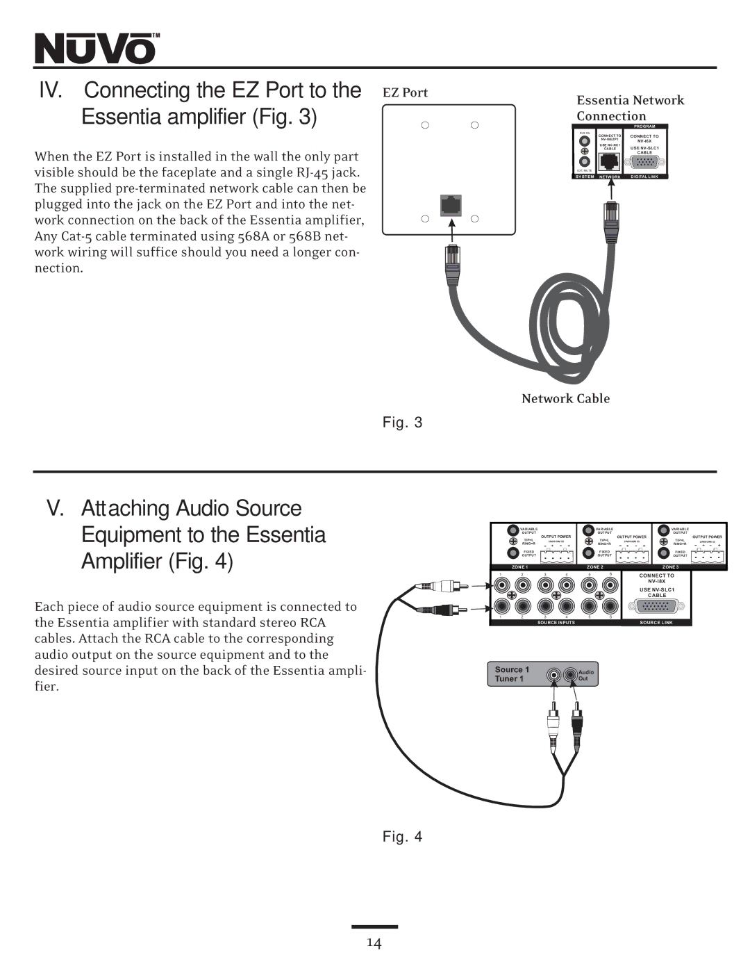 Nuvo NV-E6DXS, NV-E6DMS IV. Connecting the EZ Port to, Essentia amplifier Fig, Essentia Network Connection, Network Cable 