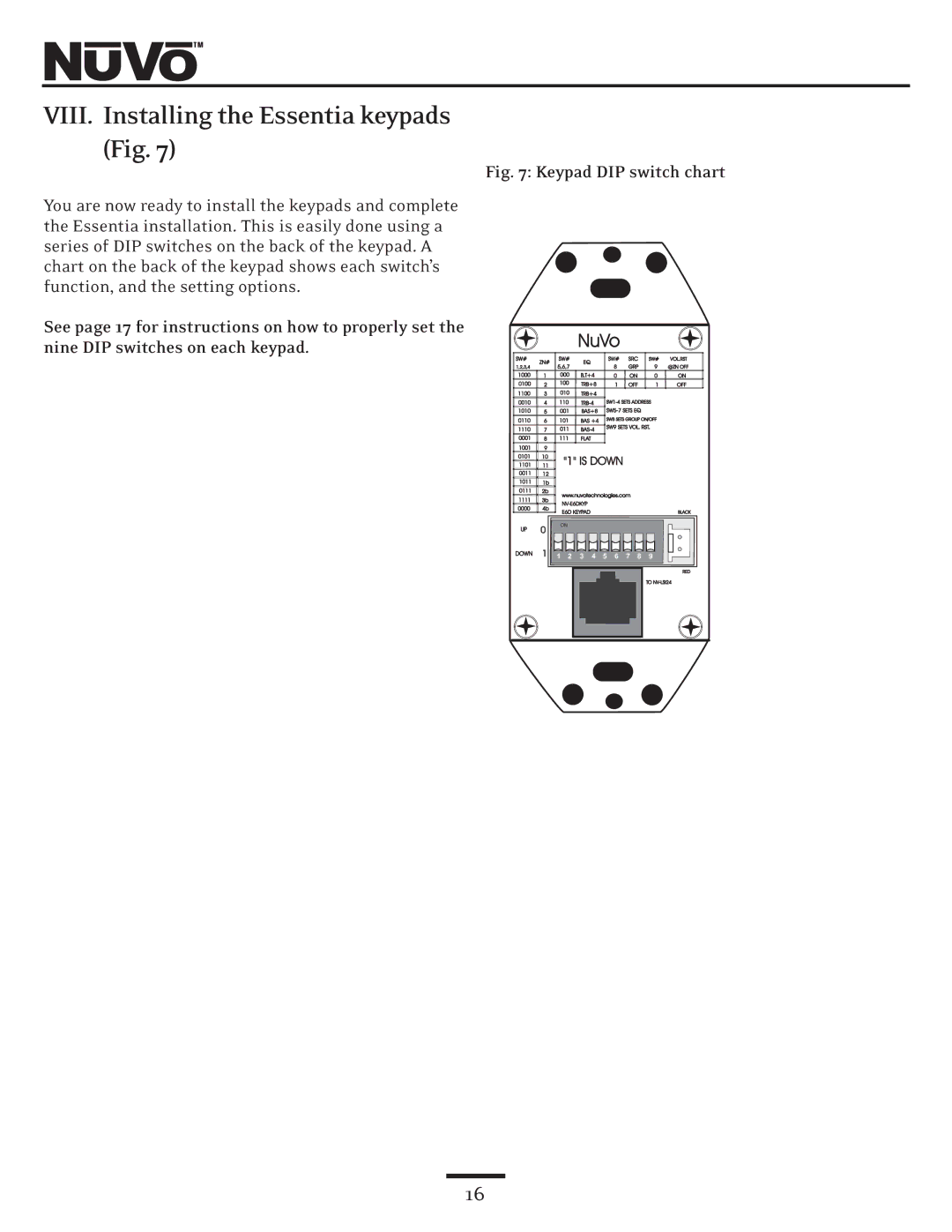 Nuvo NV-E6DXS, NV-E6DMS owner manual VIII. Installing the Essentia keypads, Keypad DIP switch chart 