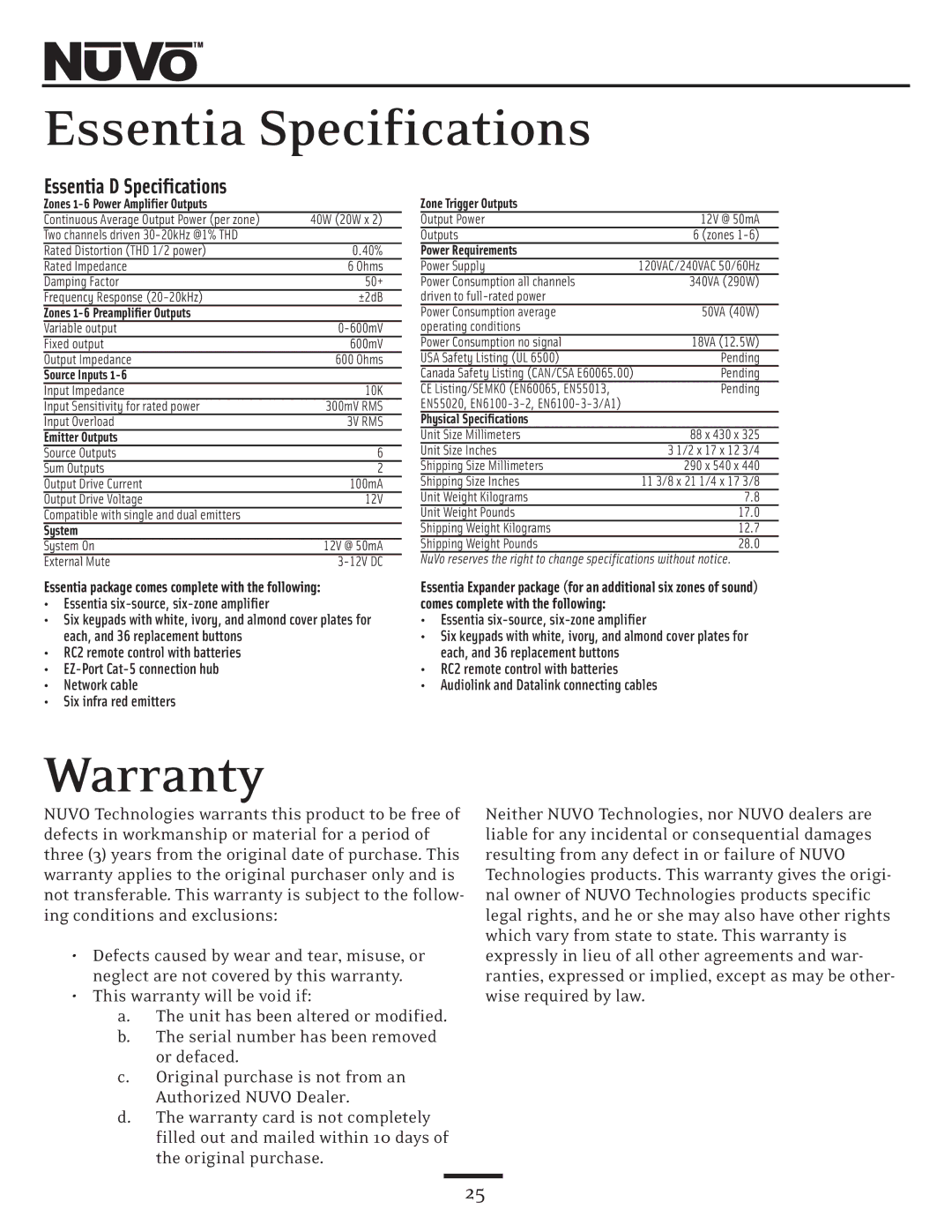 Nuvo NV-E6DMS, NV-E6DXS owner manual Essentia Specifications, Warranty 