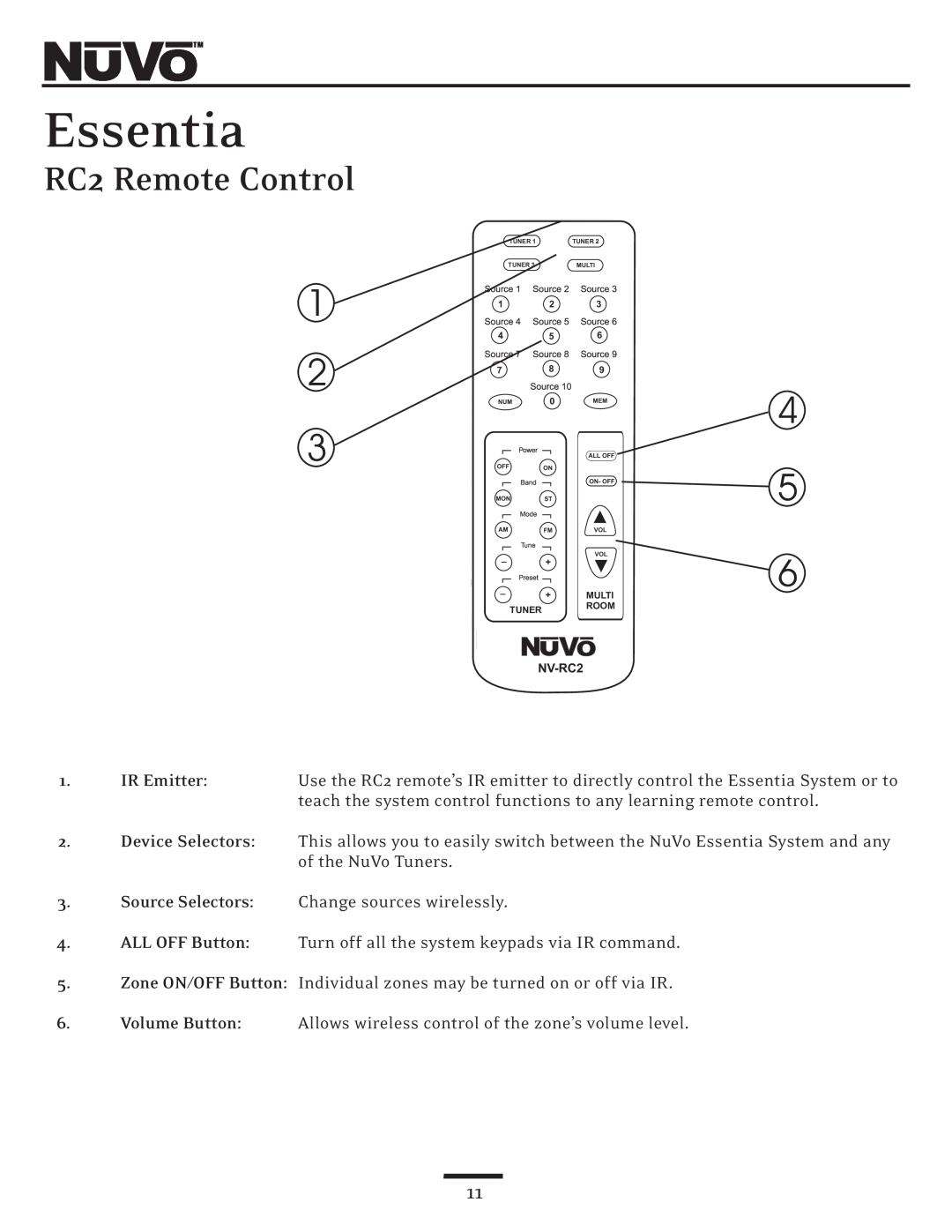 Nuvo NV-E6DMS, NV-E6DXS owner manual RC2 Remote Control, Essentia 