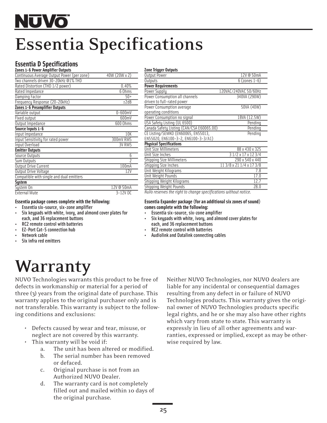 Nuvo NV-E6DMS, NV-E6DXS owner manual Essentia Specifications, Warranty, Essentia D Specifications 