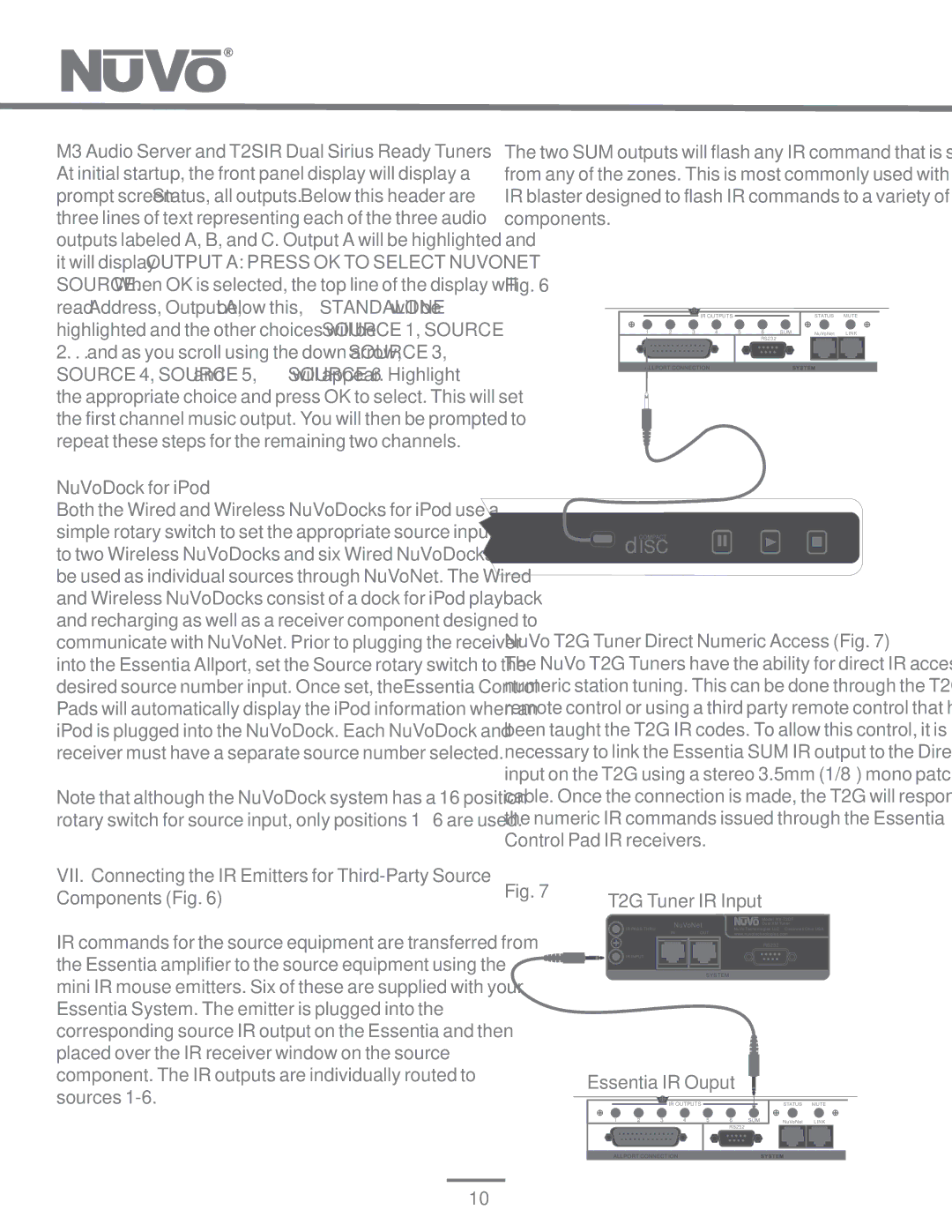 Nuvo NV-E6GXS, NV-E6GMS manual NuVoDock for iPod, NuVo T2G Tuner Direct Numeric Access Fig, T2G Tuner IR Input 