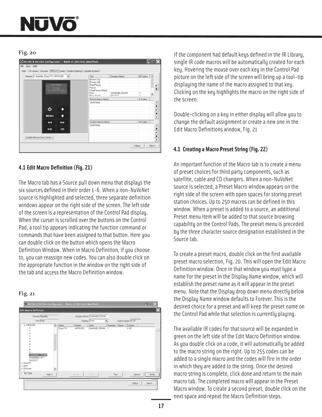 Nuvo NV-E6GMS, NV-E6GXS manual Edit Macro Definition Fig, Creating a Macro Preset String Fig 