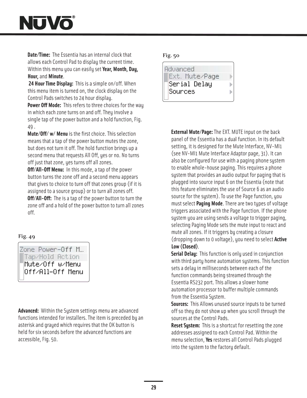 Nuvo NV-E6GMS, NV-E6GXS Zone Power-Off M, Mute/Off w/Menu Off/All-Off Menu, Advanced Ext. Mute/Page Serial Delay Sources 