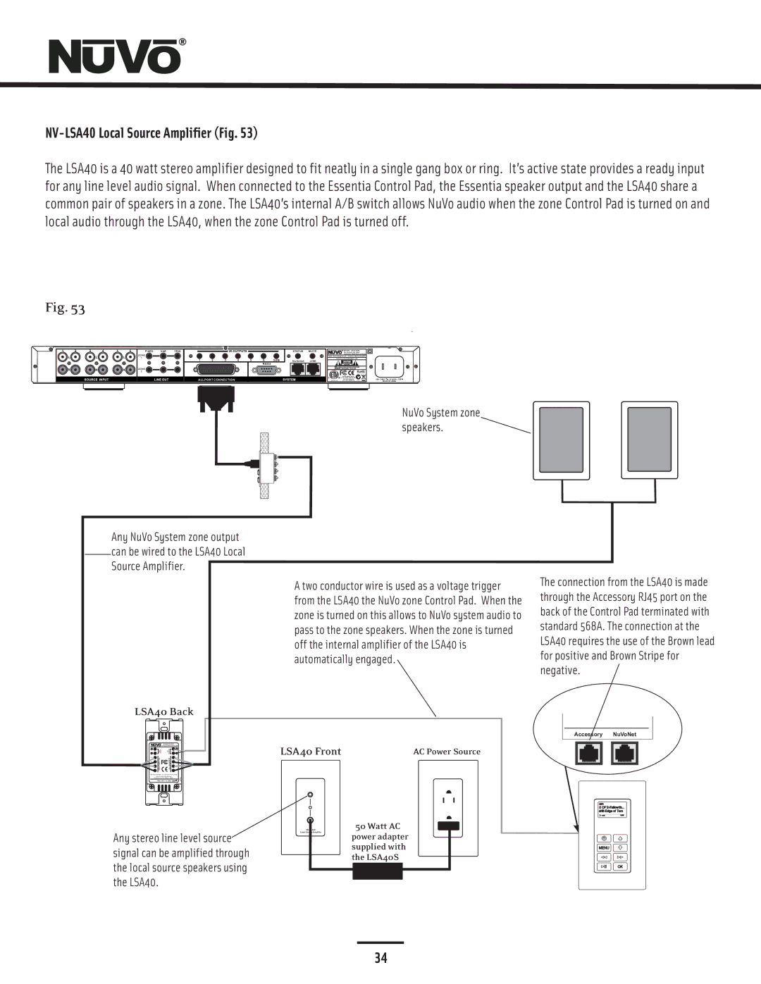 Nuvo NV-E6GXS, NV-E6GMS manual NV-LSA40 Local Source Amplifier Fig, NuVo System zone speakers 