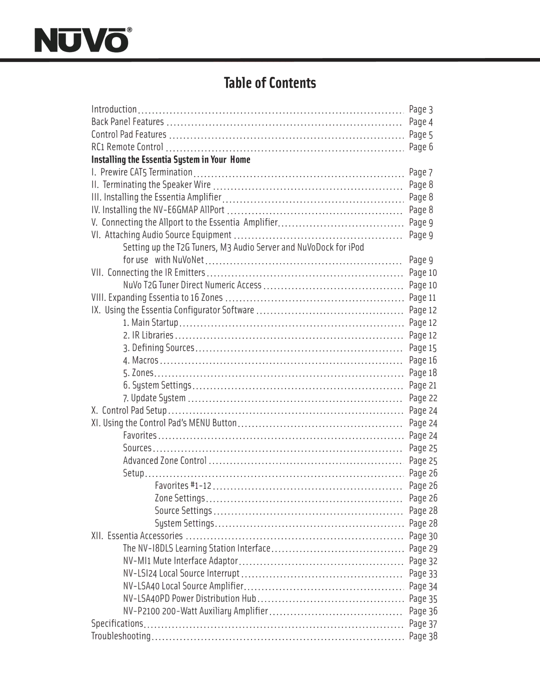 Nuvo NV-E6GXS, NV-E6GMS manual Table of Contents 