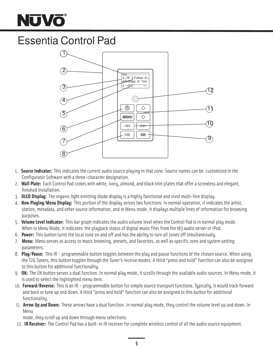 Nuvo NV-E6GMS, NV-E6GXS manual Essentia Control Pad 