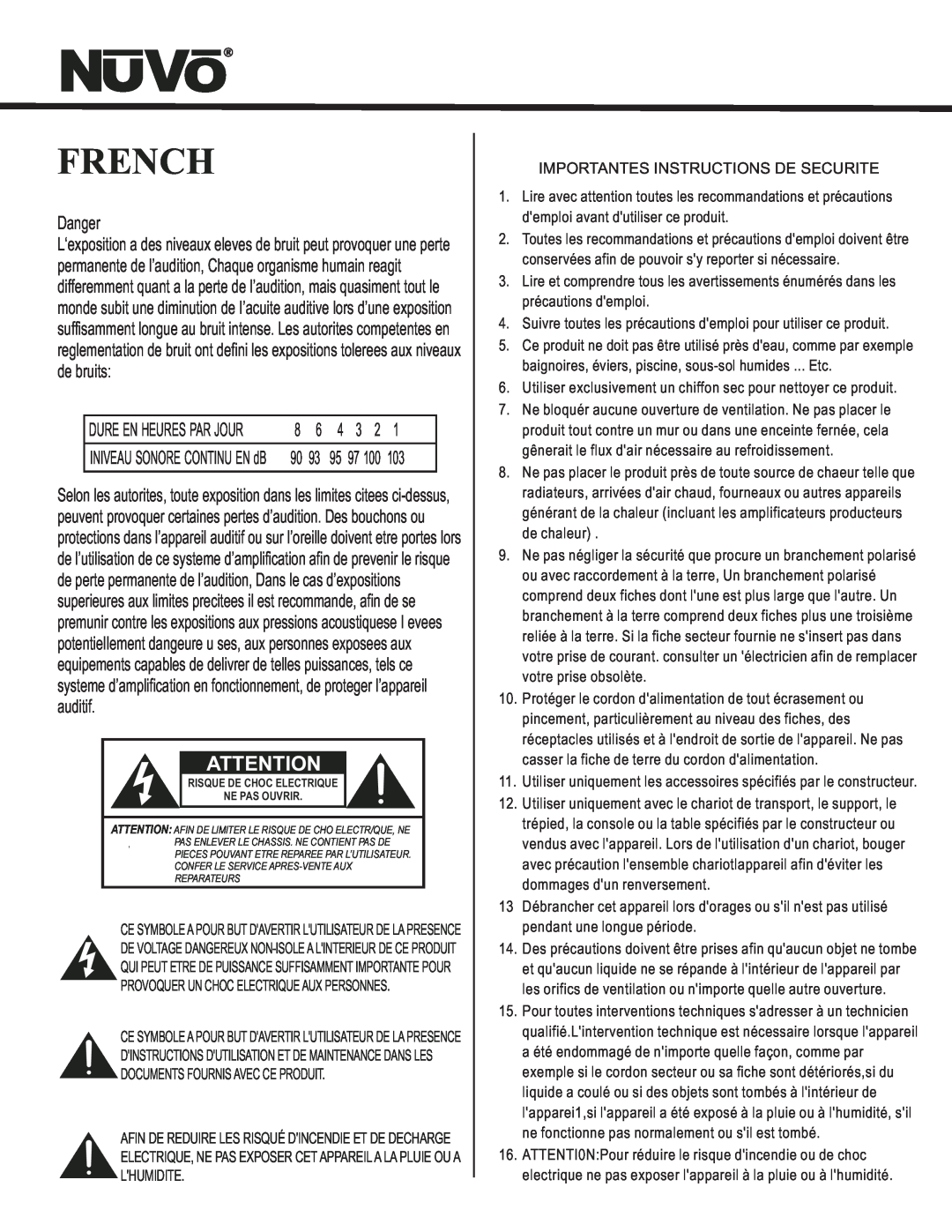 Nuvo NV-E6GMS, NV-E6GXS manual French, Danger 