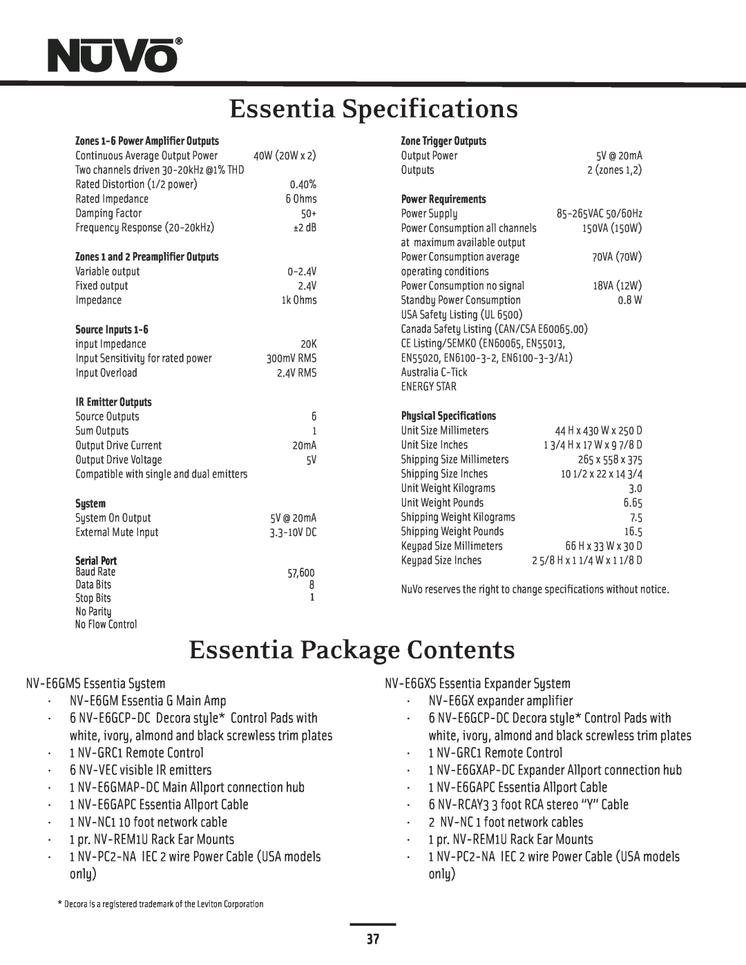 Nuvo NV-E6GMS, NV-E6GXS manual Essentia Specifications, Essentia Package Contents 