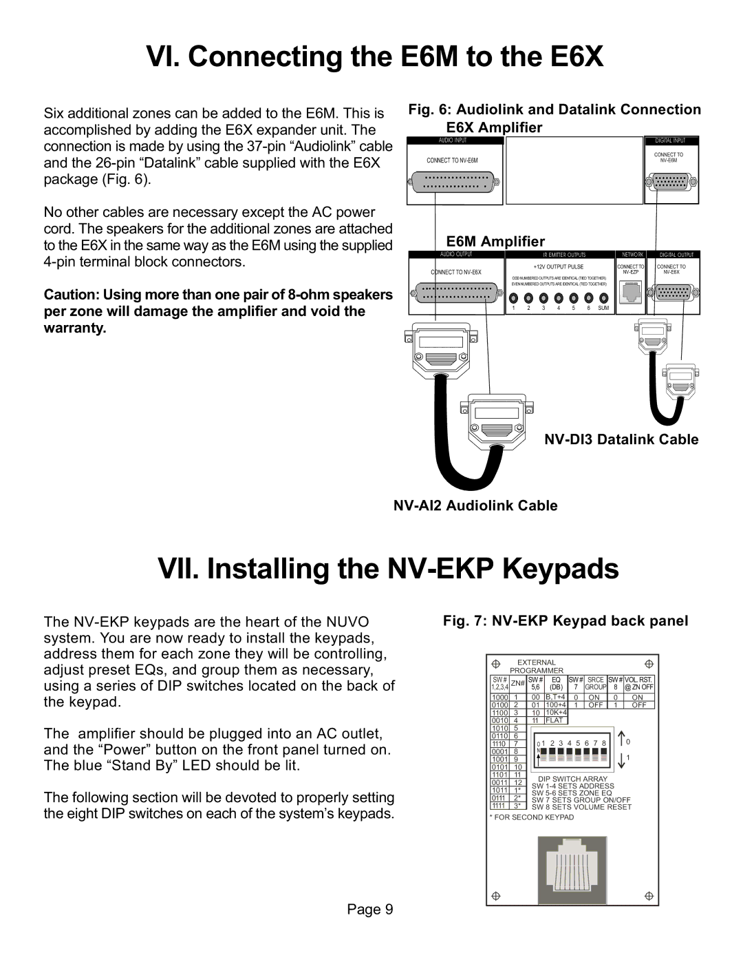 Nuvo NV-E6XS, NV-E6MS manual VI. Connecting the E6M to the E6X, VII. Installing the NV-EKP Keypads, E6M Amplifier 