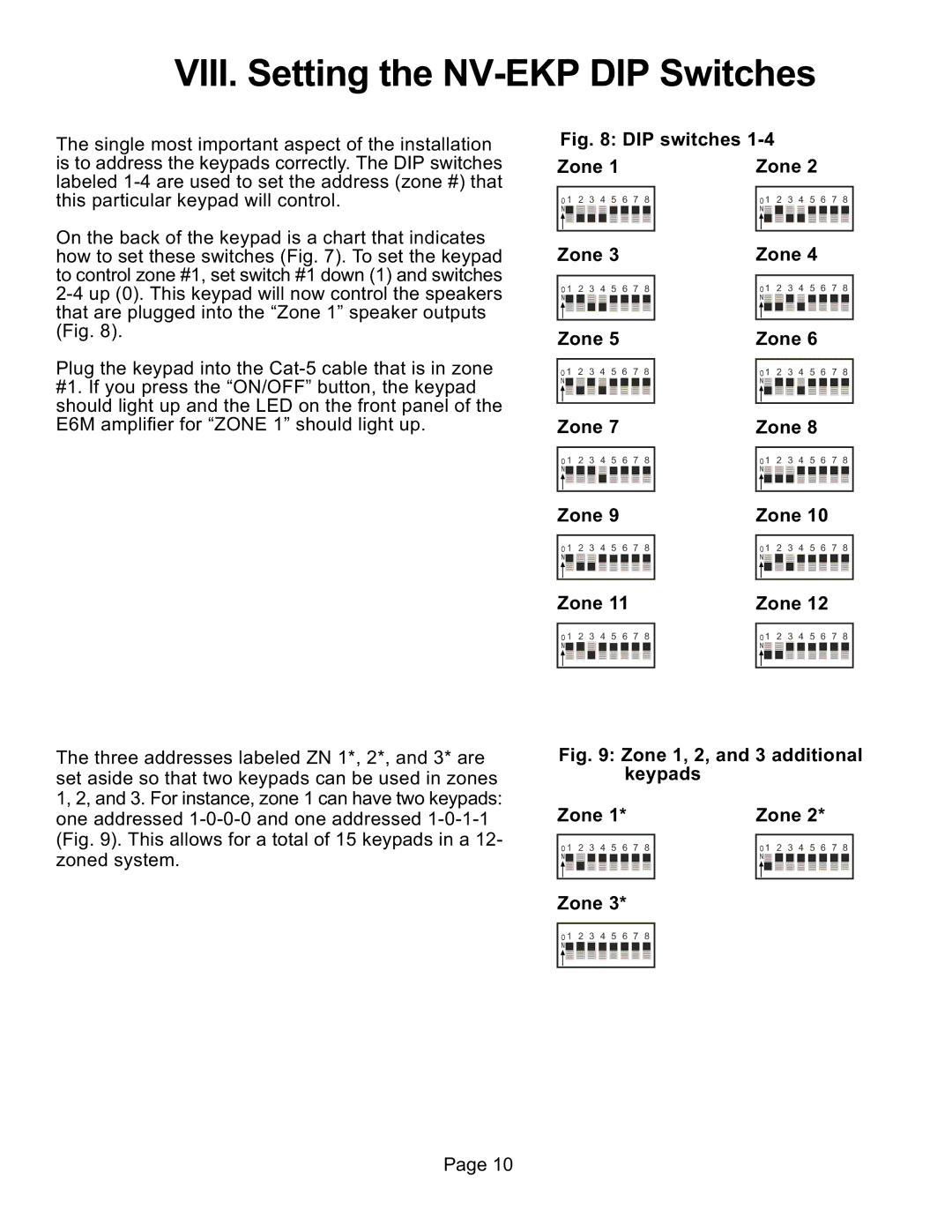 Nuvo NV-E6MS, NV-E6XS manual VIII. Setting the NV-EKP DIP Switches, DIP switches Zone 