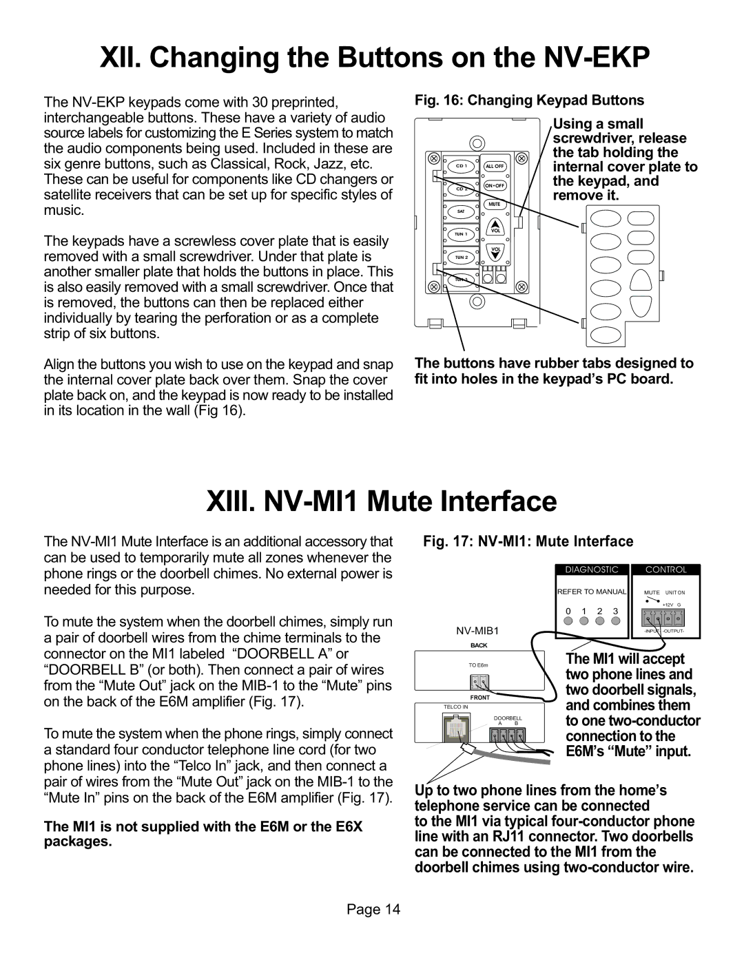 Nuvo NV-E6MS, NV-E6XS manual XII. Changing the Buttons on the NV-EKP, XIII. NV-MI1 Mute Interface 