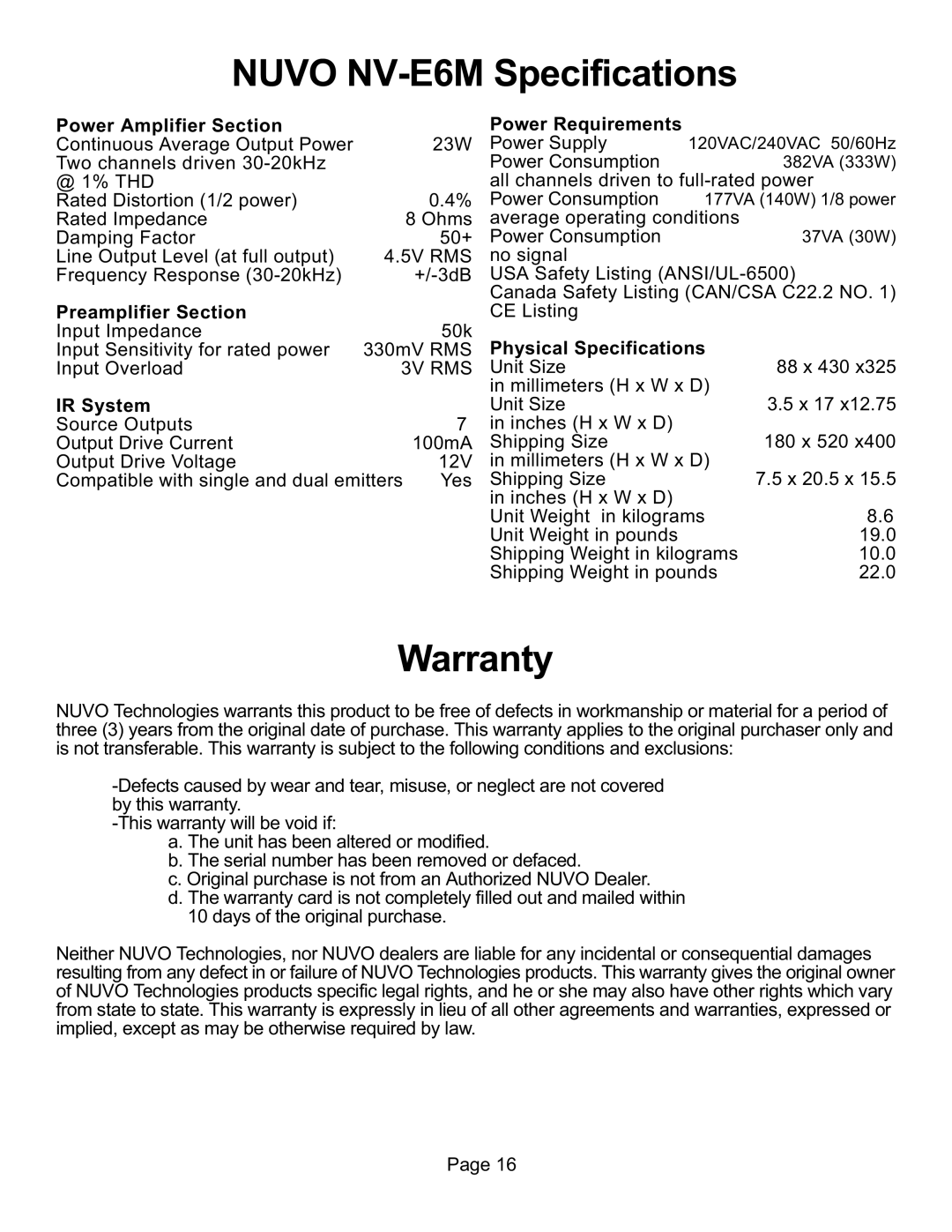 Nuvo NV-E6MS, NV-E6XS manual Nuvo NV-E6M Specifications, Warranty 