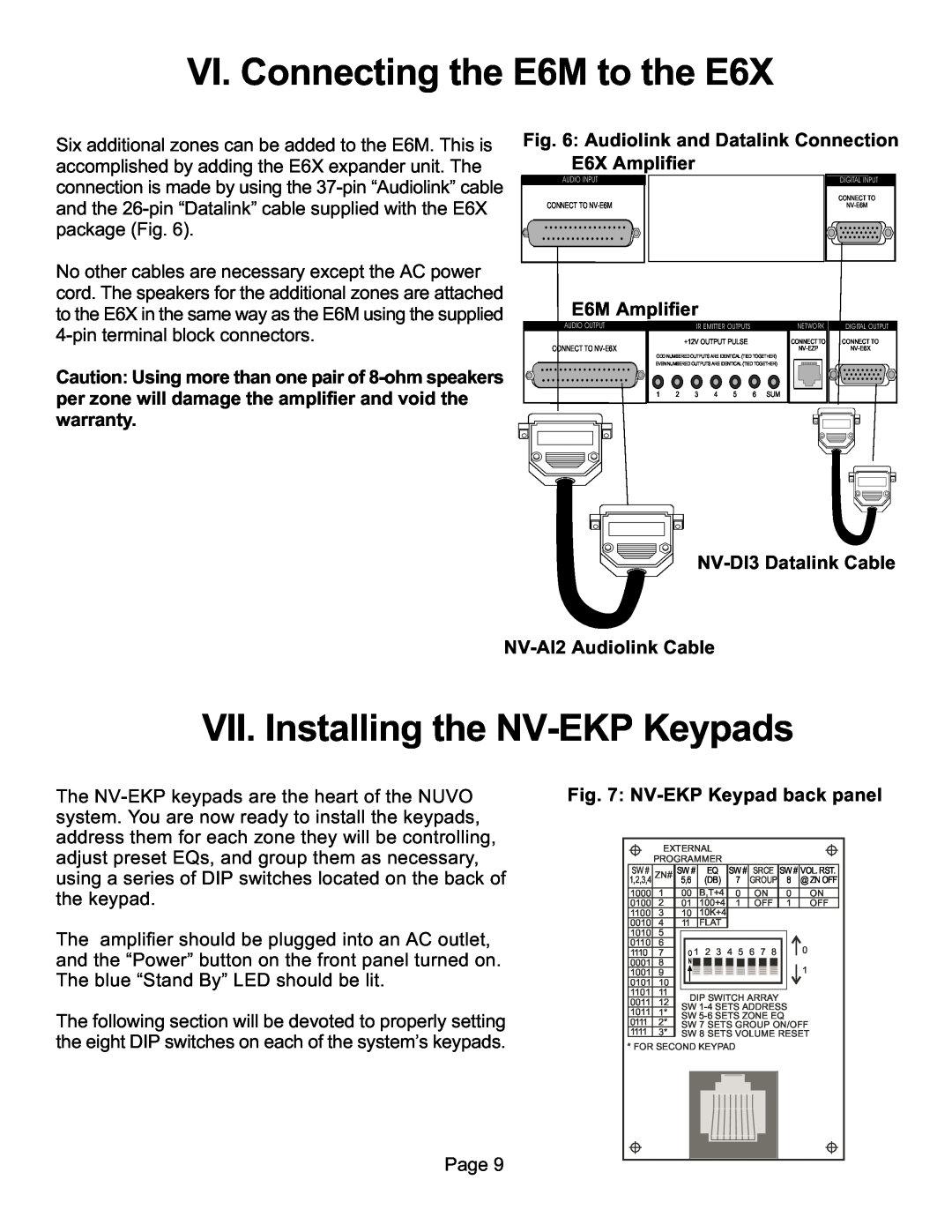 Nuvo NV-E6XS VI. Connecting the E6M to the E6X, VII. Installing the NV-EKPKeypads, E6M Amplifier, NV-EKPKeypad back panel 