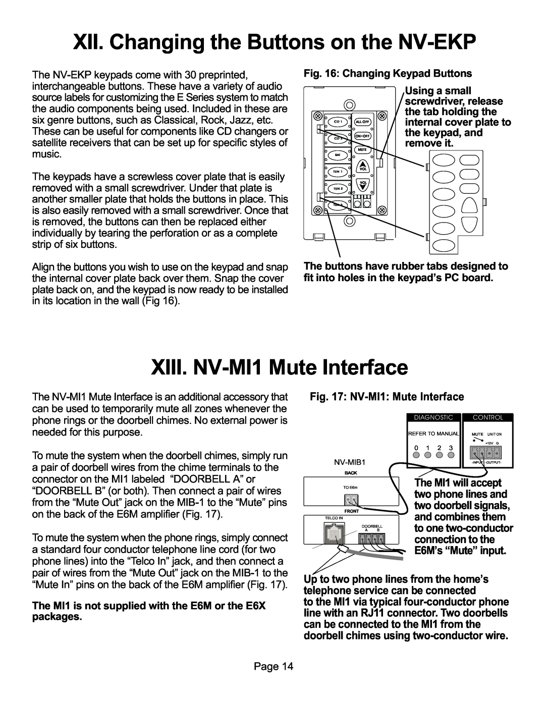 Nuvo NV-E6MS, NV-E6XS manual XII. Changing the Buttons on the NV-EKP, XIII. NV-MI1Mute Interface, NV-MI1 Mute Interface 