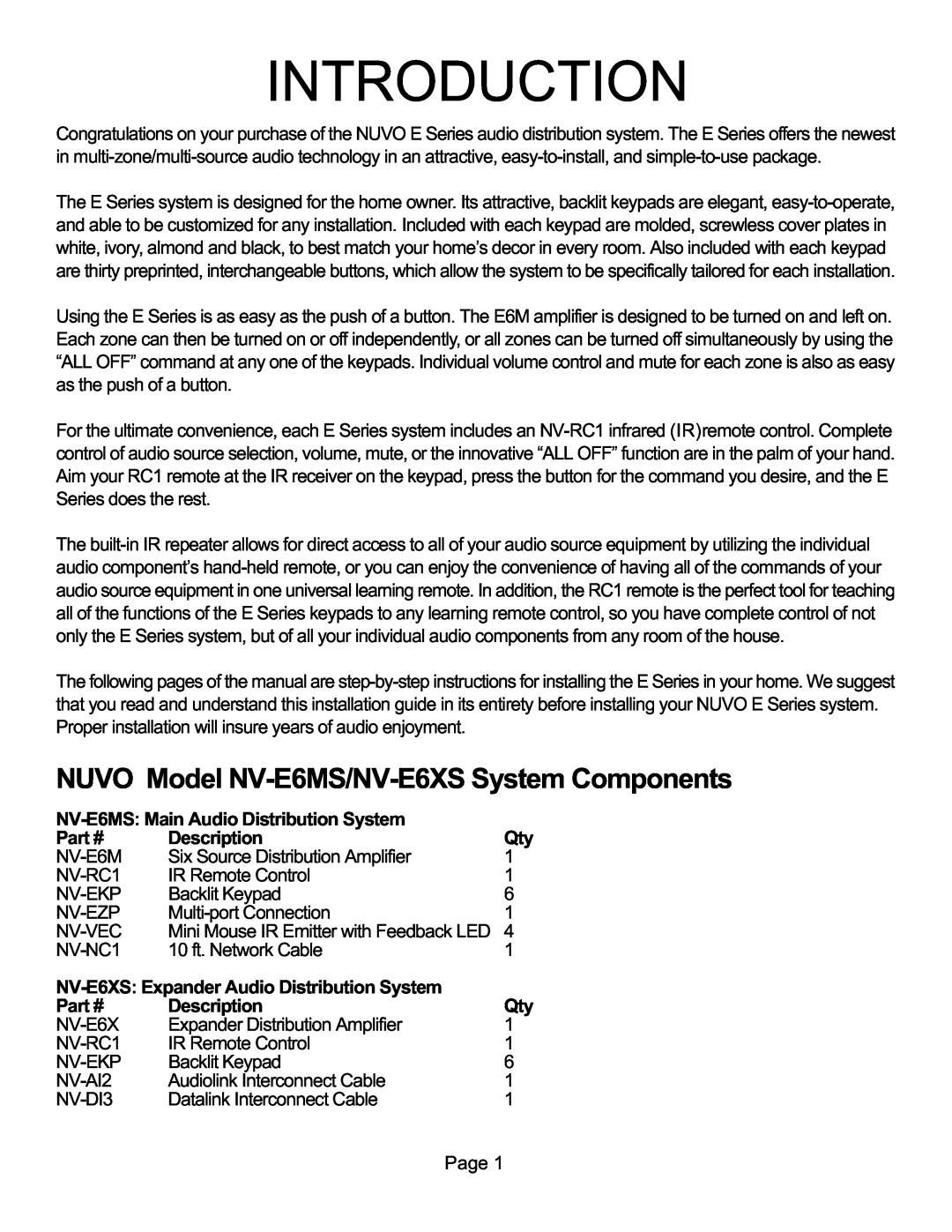 Nuvo manual Introduction, NUVO Model NV-E6MS/NV-E6XSSystem Components 