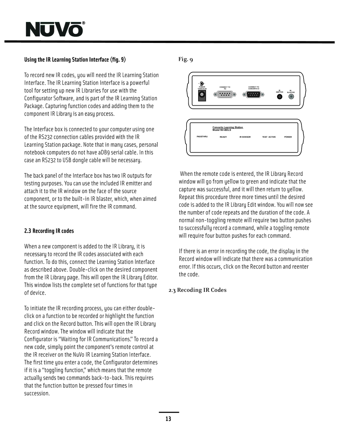 Nuvo NV-I8GMS, NV-I8GXS manual Using the IR Learning Station Interface fig, Recording IR codes, Recoding IR Codes 