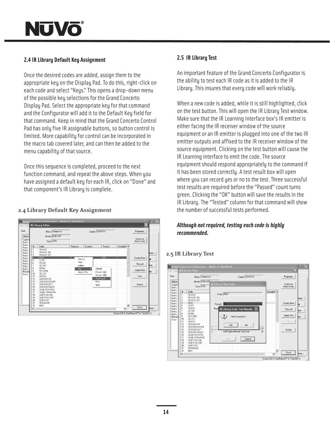 Nuvo NV-I8GMS, NV-I8GXS manual IR Library Default Key Assignment, IR Library Test 